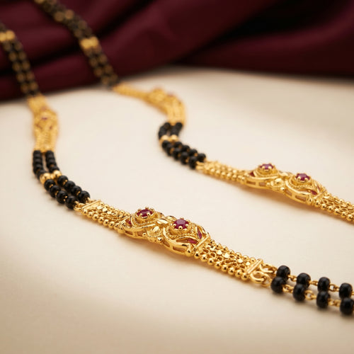 Gold Black Bead Ruby Diamond Panel Mangalsutra Patta