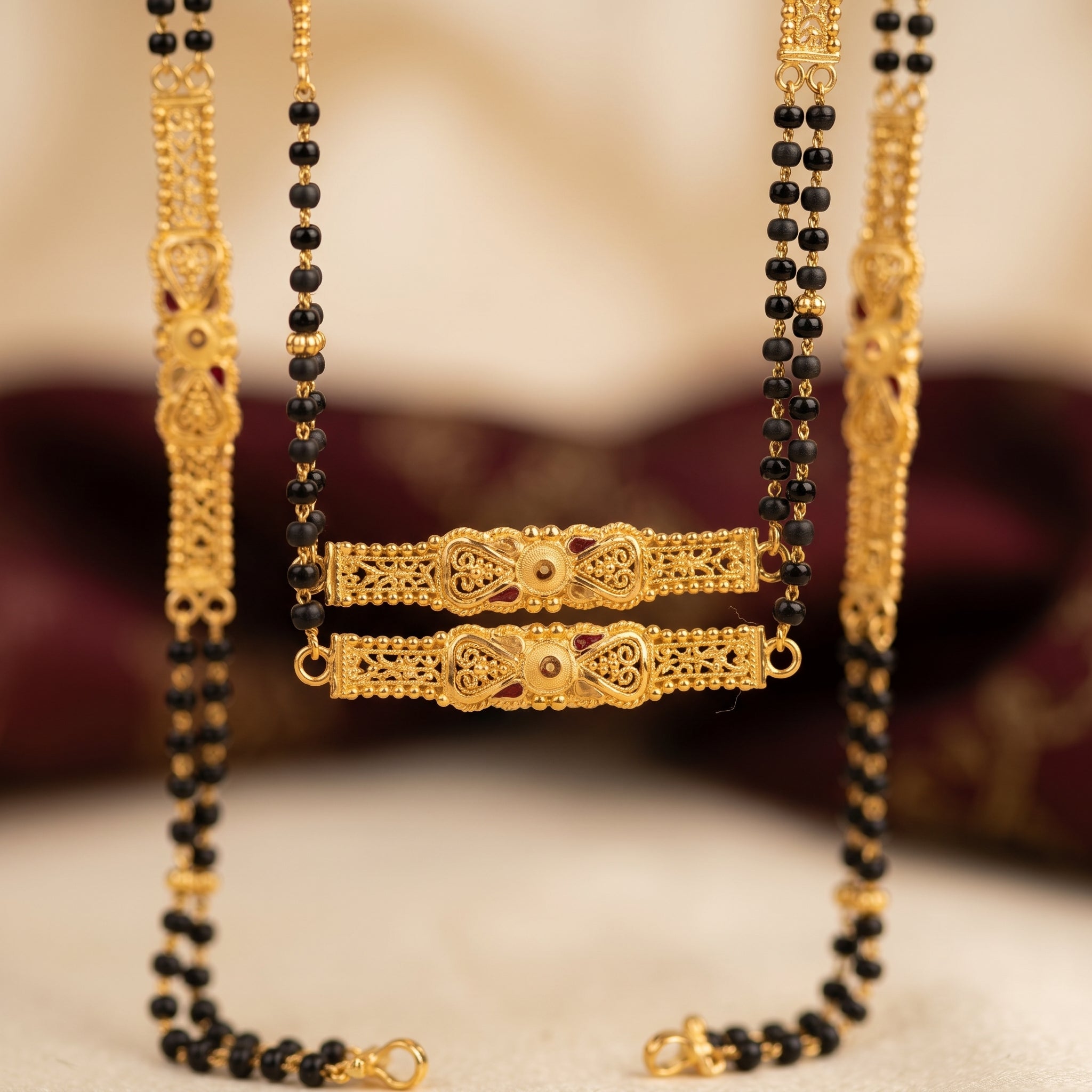 Gold Black Bead Ruby Bow CZ Panel Long Mangalsutra Set