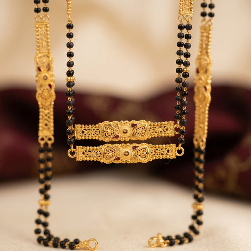 Gold Black Bead Ruby Bow CZ Panel Long Mangalsutra Patta