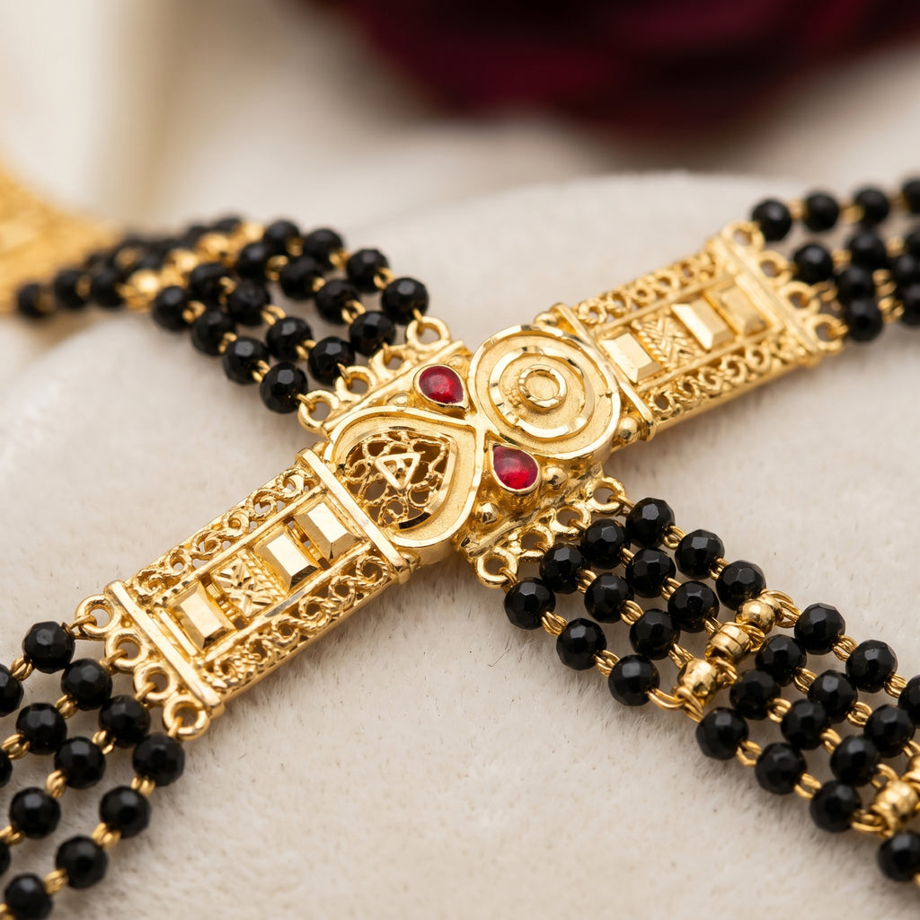 Gold Black Bead Ruby Y-Drop Open Tassel Long Mangalsutra Set