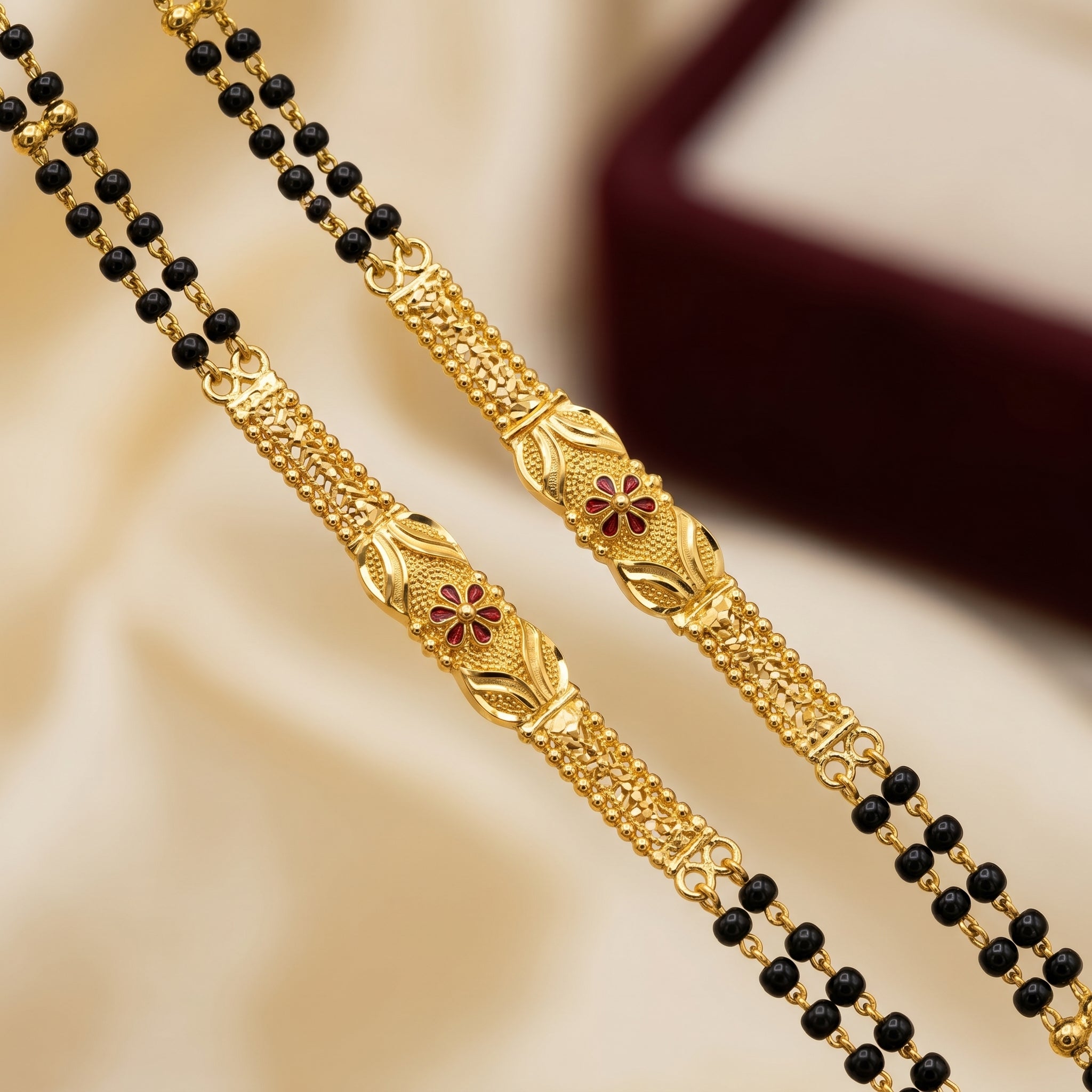 Gold Black Bead Filigree Star Panel Long Mangalsutra Set