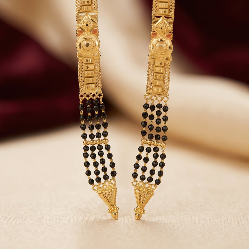 Gold Black Bead Geometric V-Drop Bell Finial Long Mangalsutra Set
