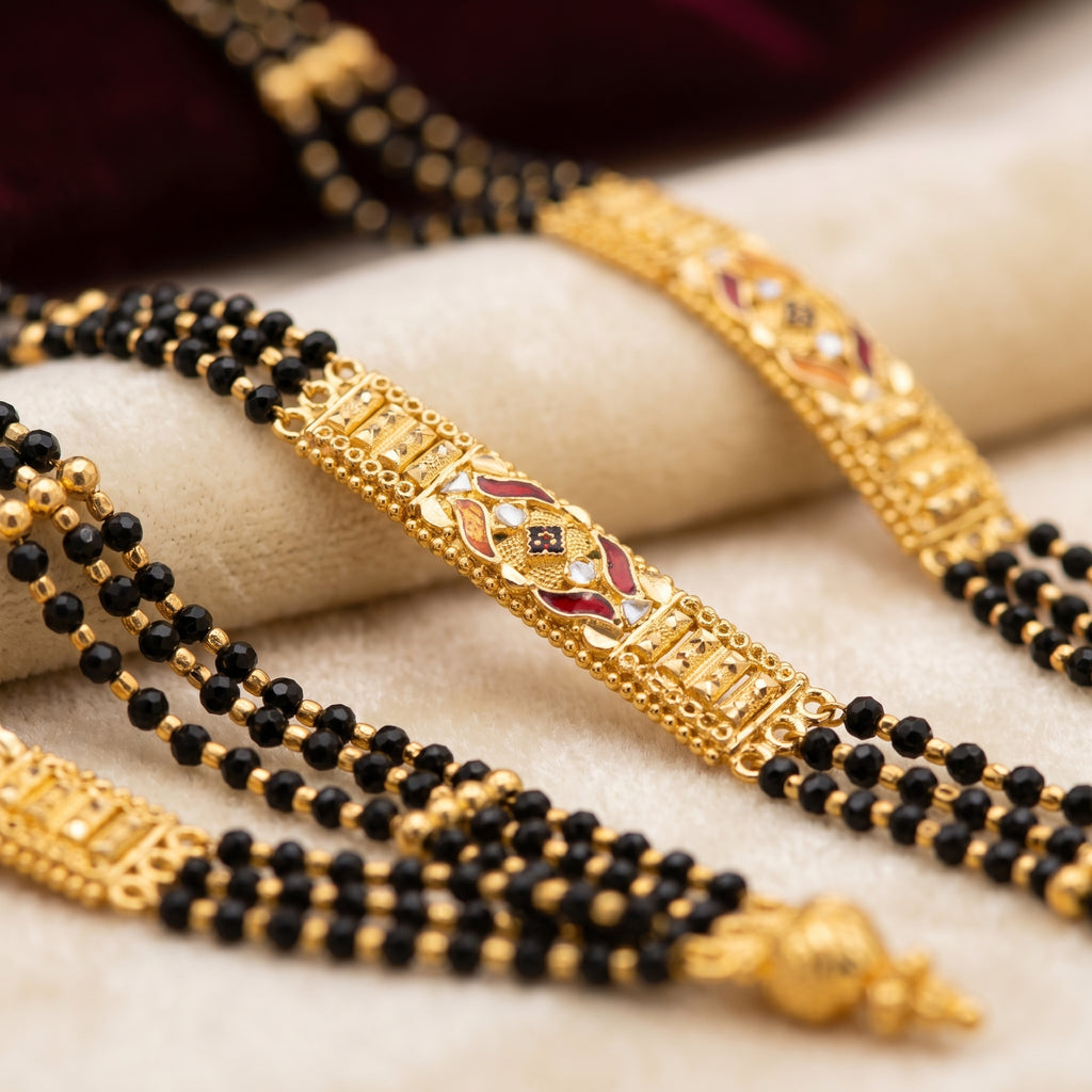 Gold Black Bead Ruby Enamel V-Drop Torpedo Finial Long Mangalsutra Set