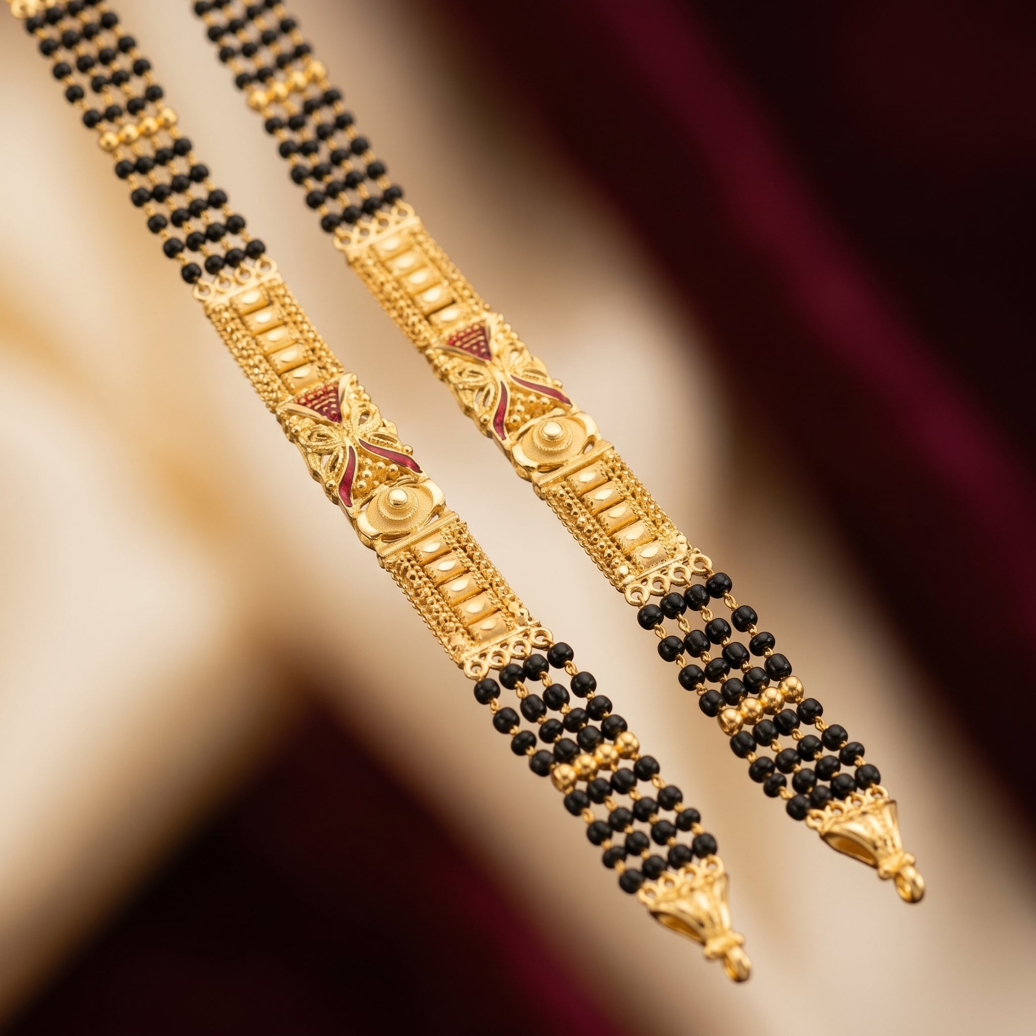 Gold Black Bead Enamel Long Mangalsutra Set