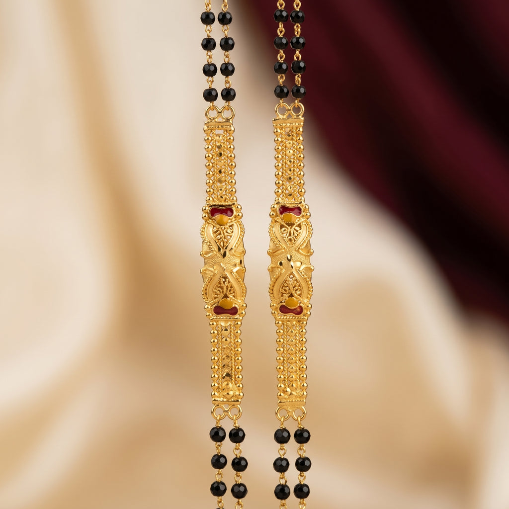 Gold Black Bead Ruby Enamel Long Mangalsutra Set