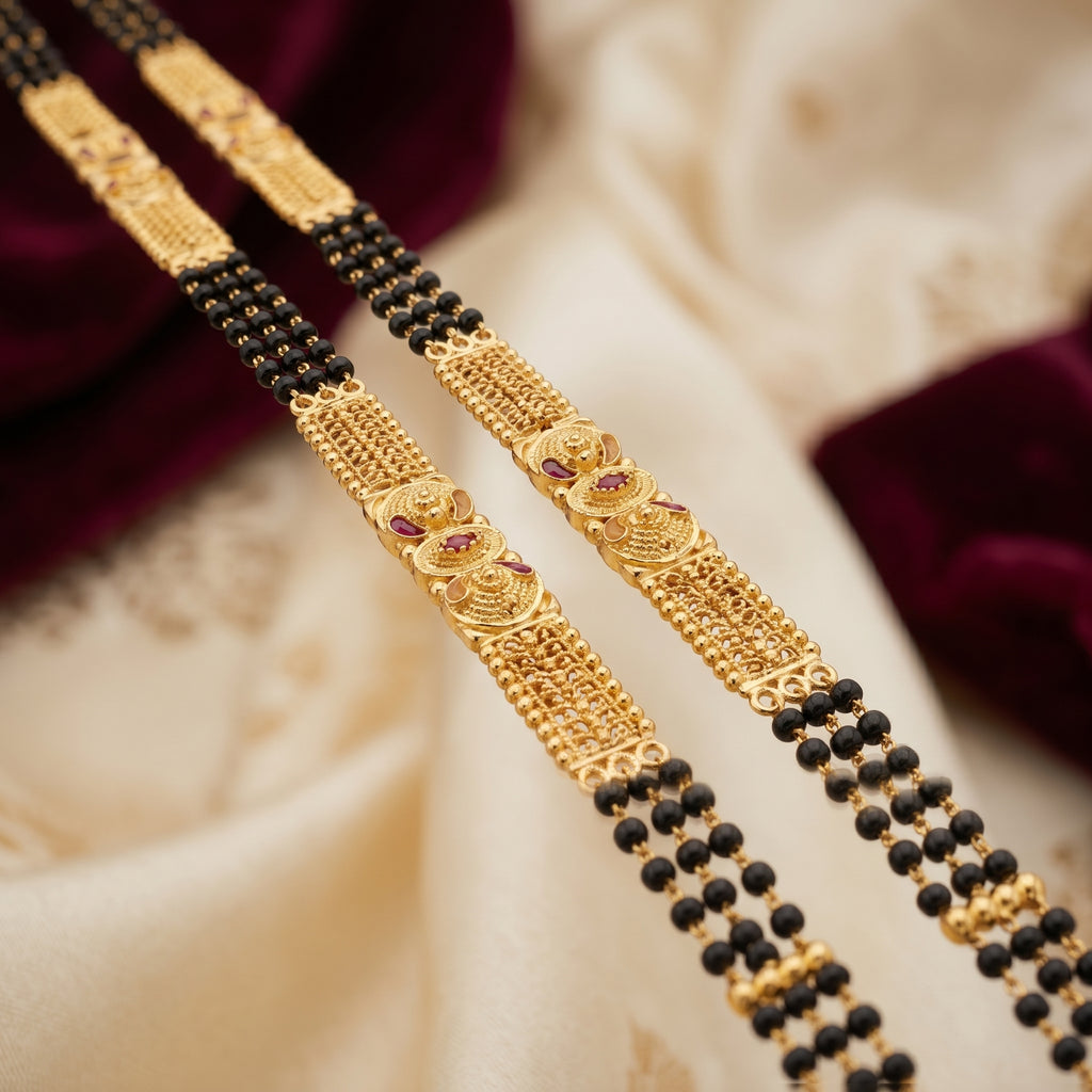 Gold Triple-Strand Black Bead Floral Finial Mangalsutra Set
