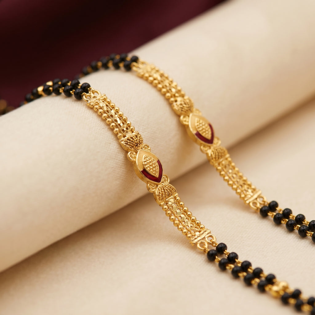 Gold Dual-Strand Black Bead Marquise Enamel Mangalsutra Set