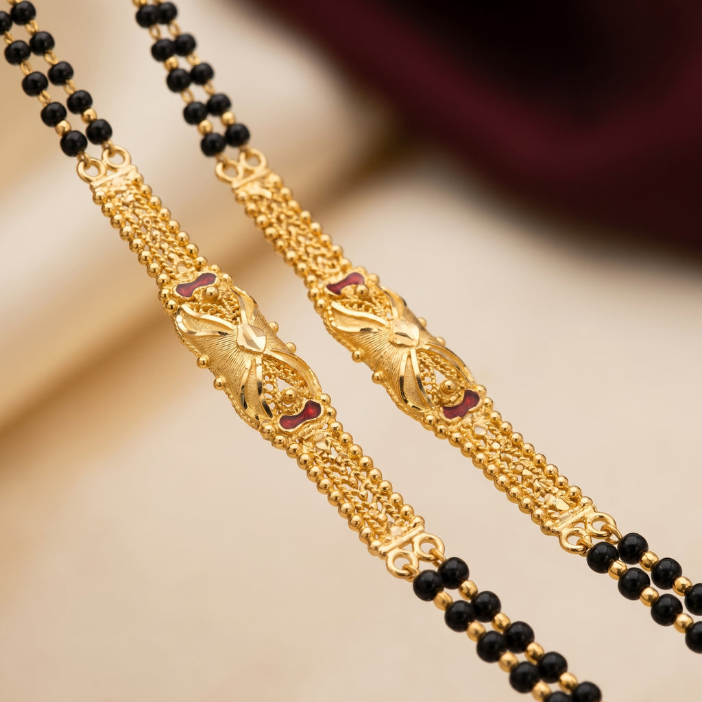 Gold Black Bead Granular Bow Plaque Mangalsutra Set