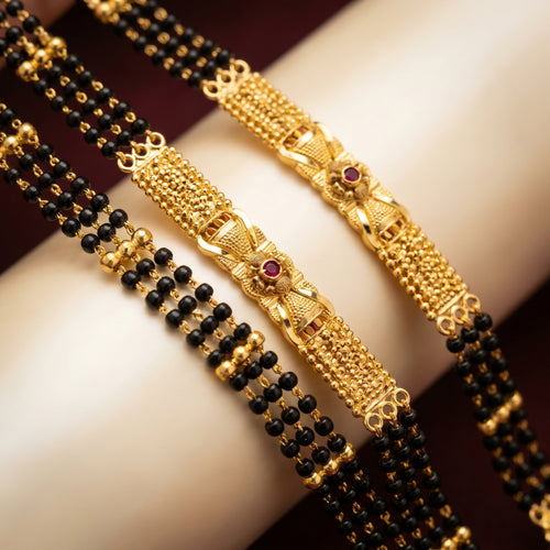 Gold Black Bead Granular Mesh Ruby Floral Mangalsutra Patta