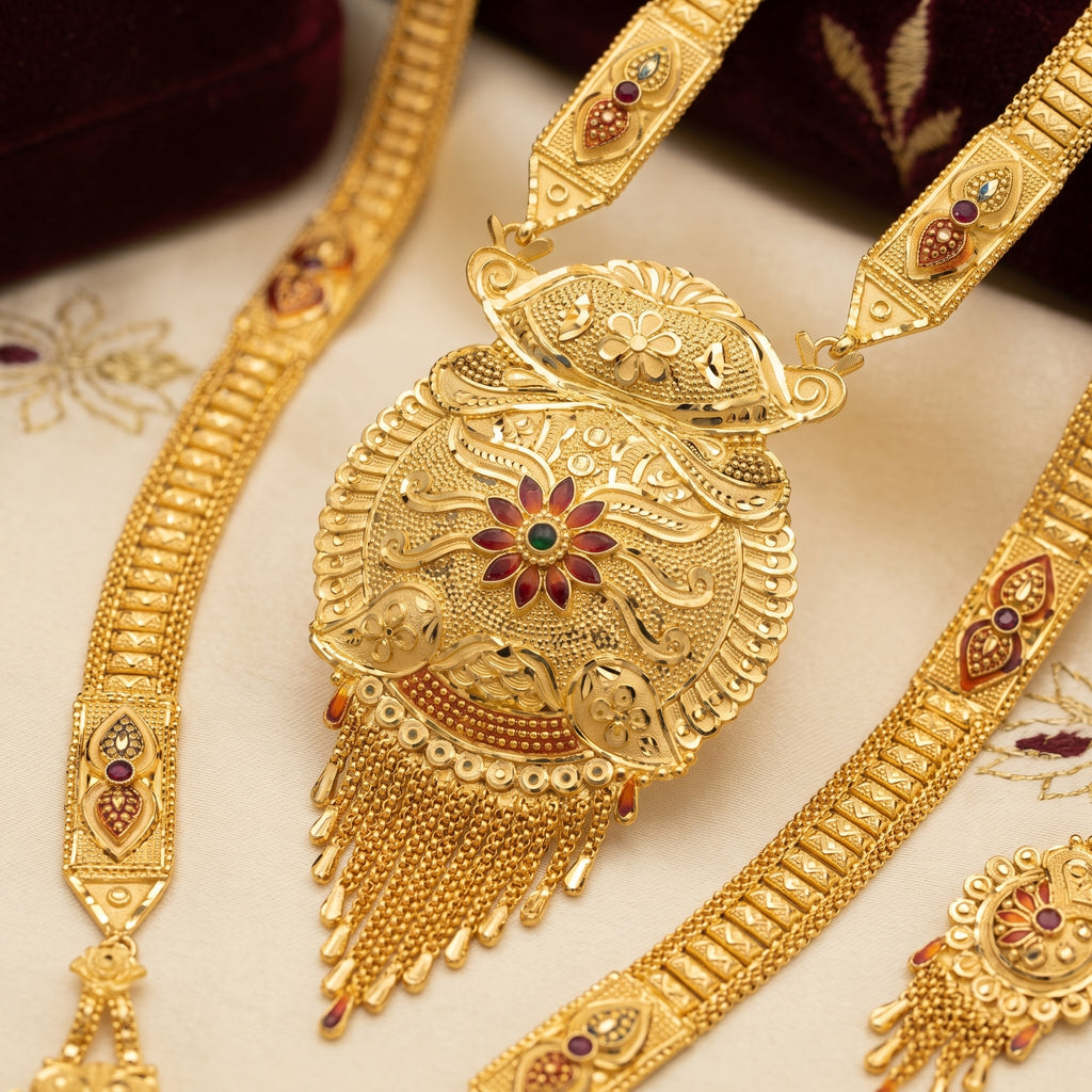 Gold Floral Scroll Tassel Necklace Set