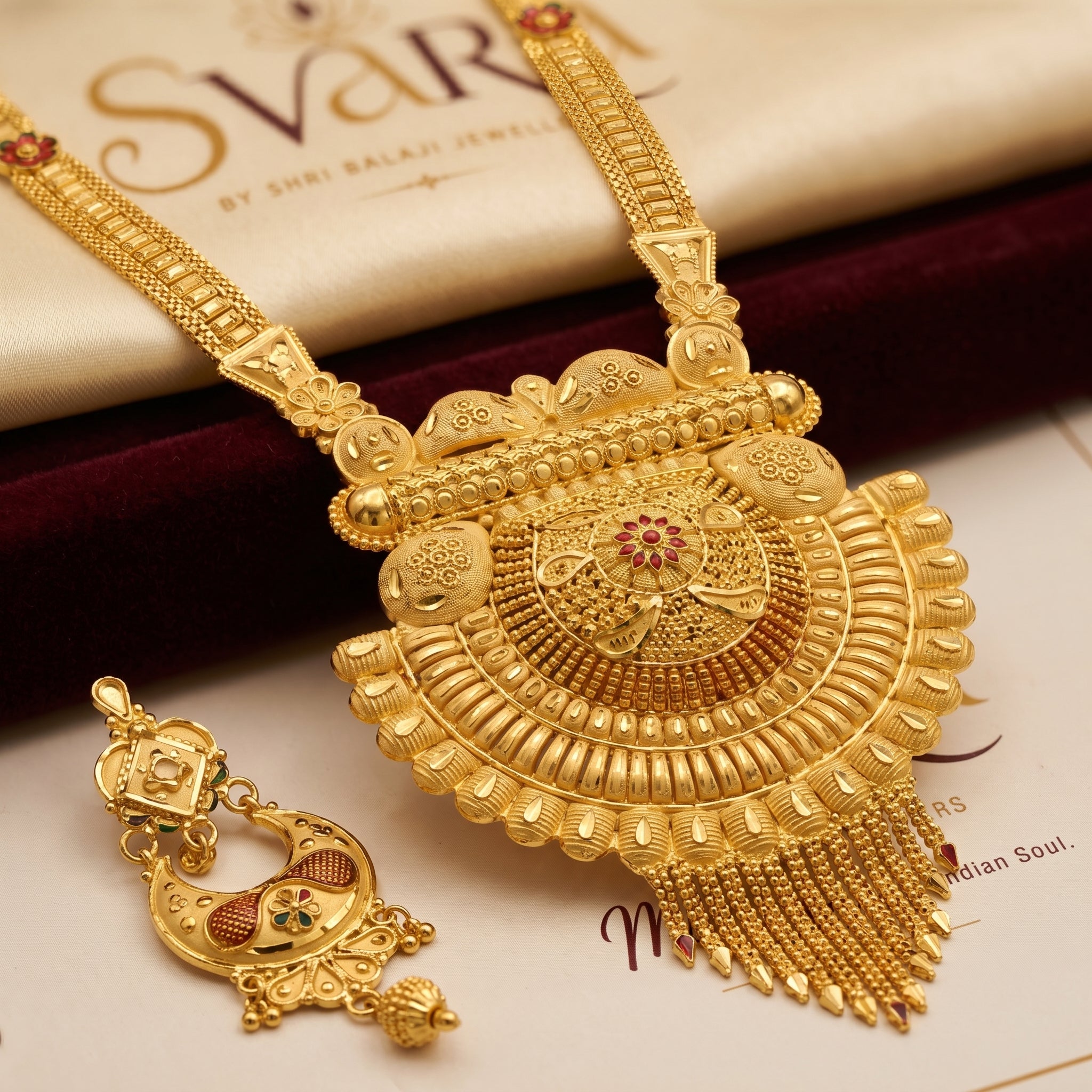 Gold Fluted Sunburst Tassel Necklace Set