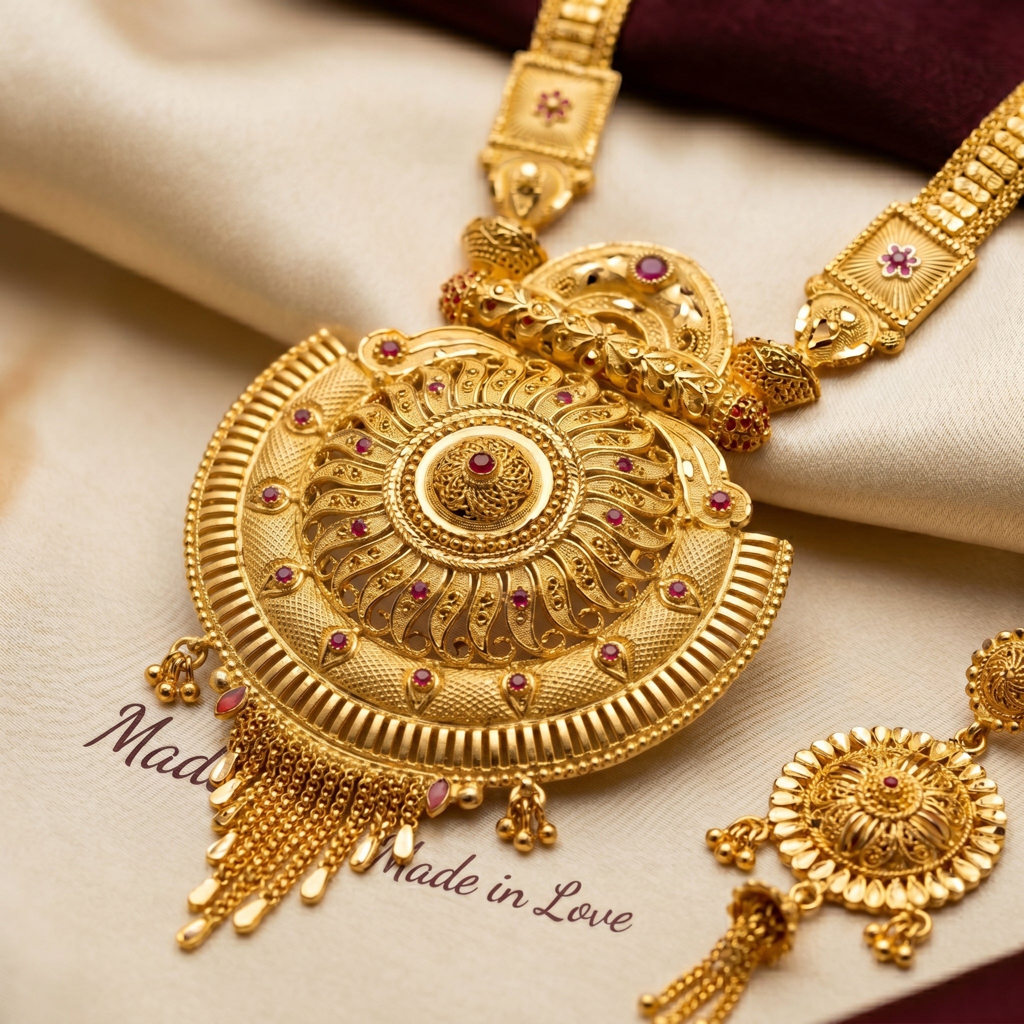 Gold Ruby Swirl Medallion Tassel Necklace Set