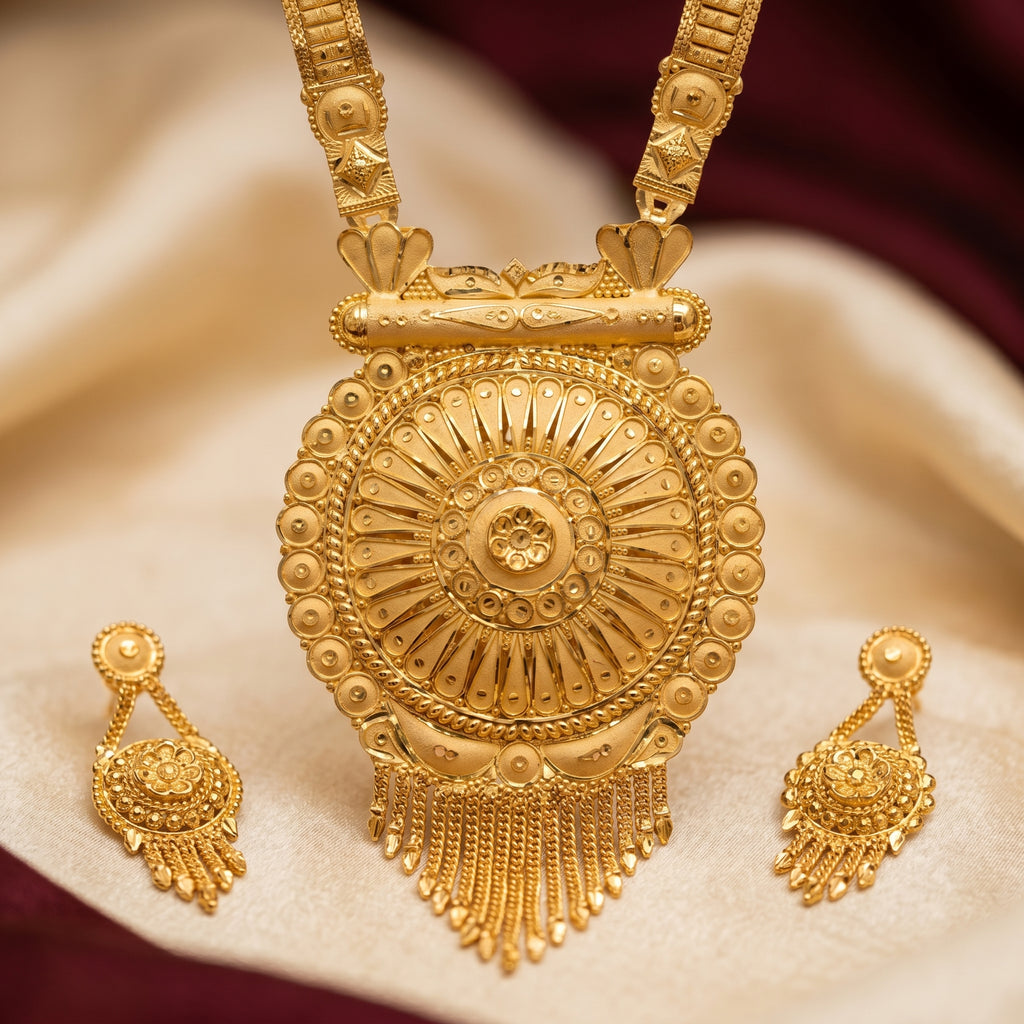 Gold Sunburst Medallion Tassel Necklace Set