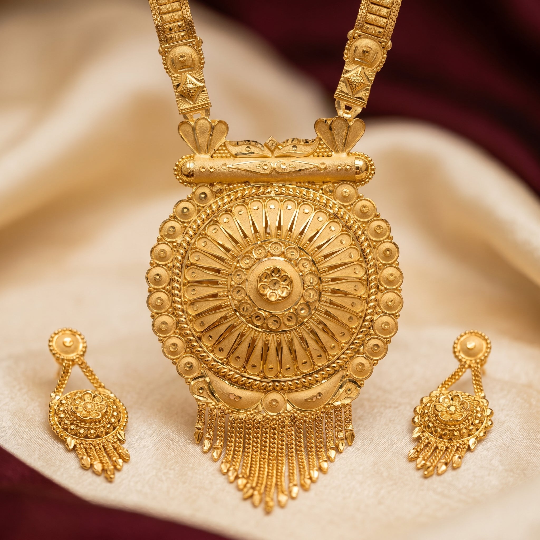 Gold Sunburst Medallion Tassel Necklace Set