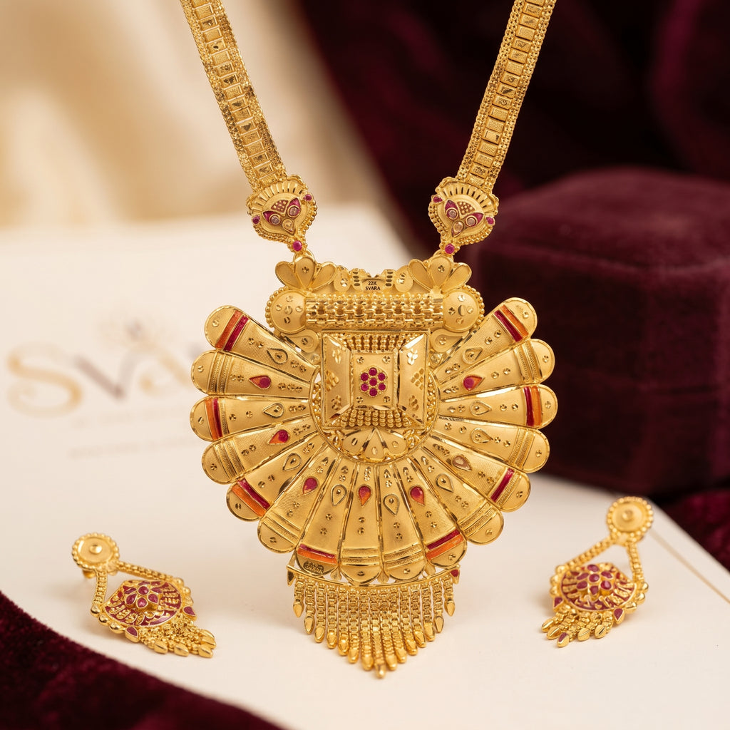 Gold Enamel Petal Fan Tassel Necklace Set