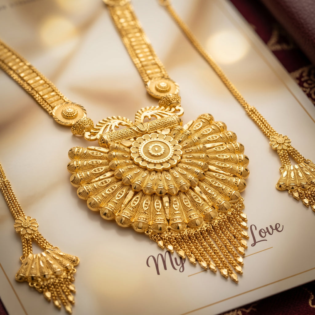 Gold Floral Burst Tassel Necklace Set