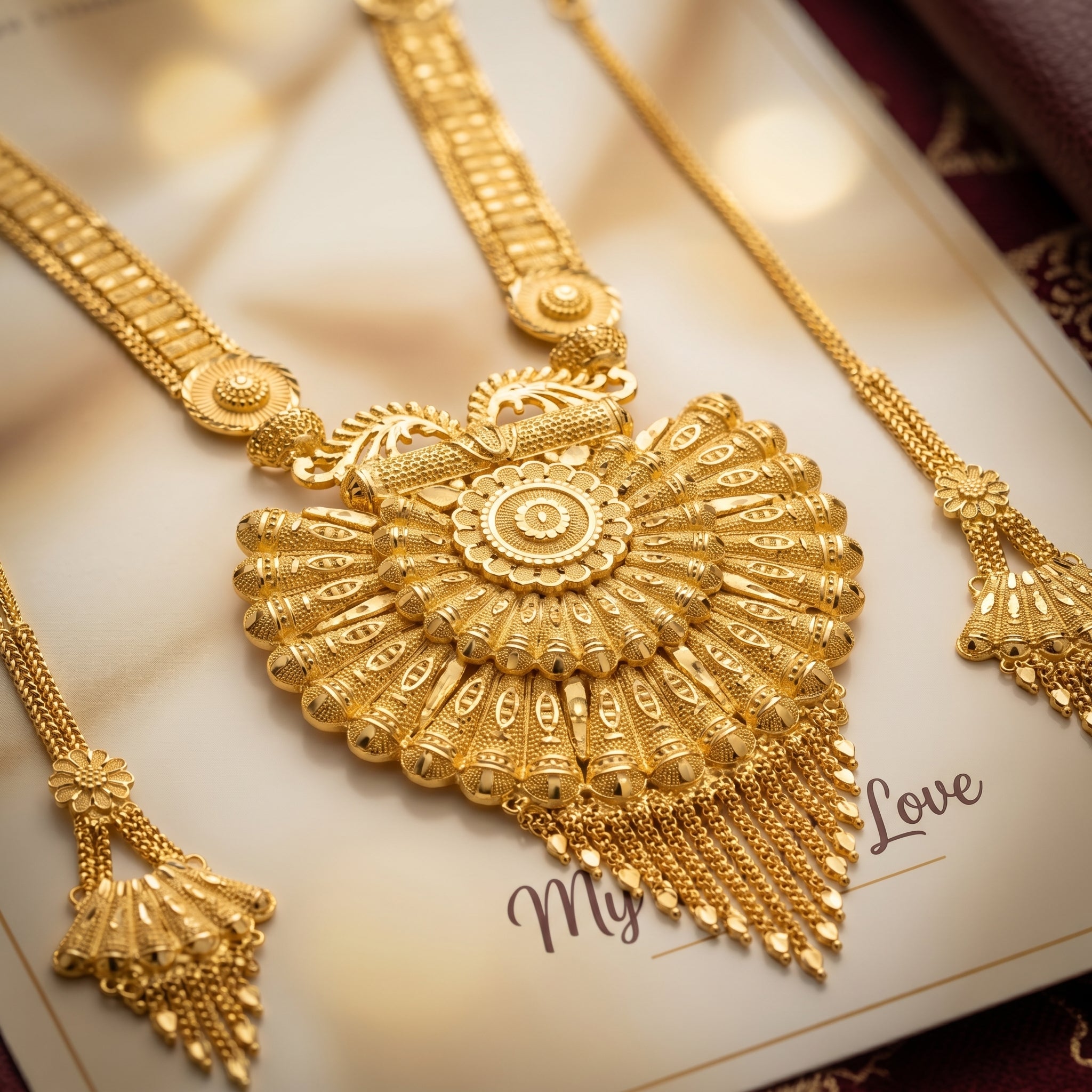 Gold Floral Burst Tassel Necklace Set