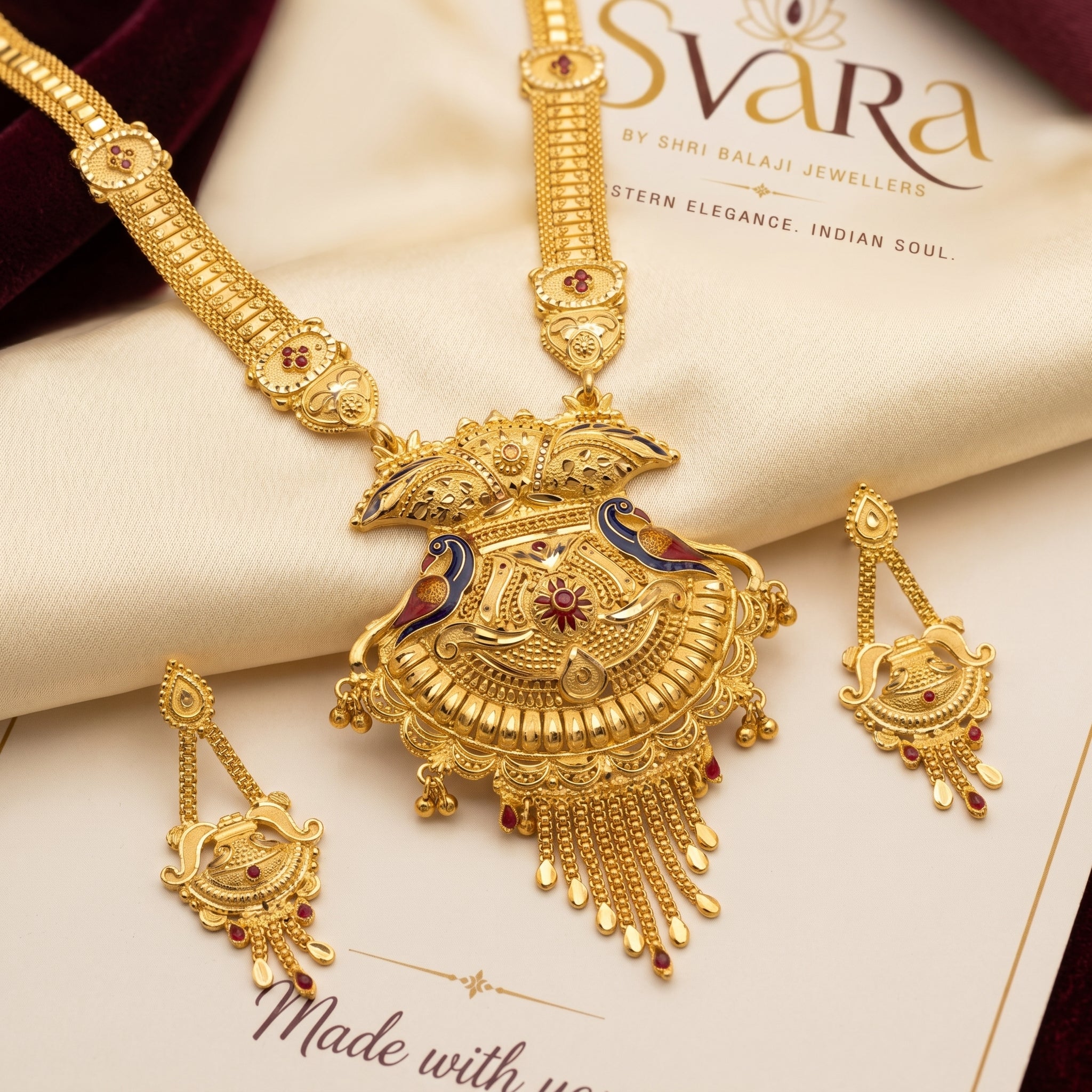 Gold Dual Peacock Enamel Medallion Necklace Set