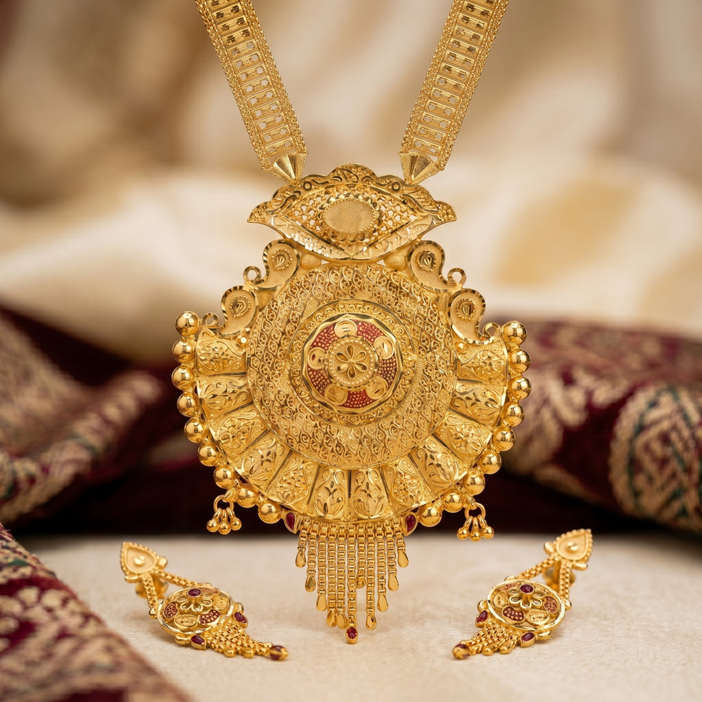Gold Wheel Disc Tassel Necklace Set