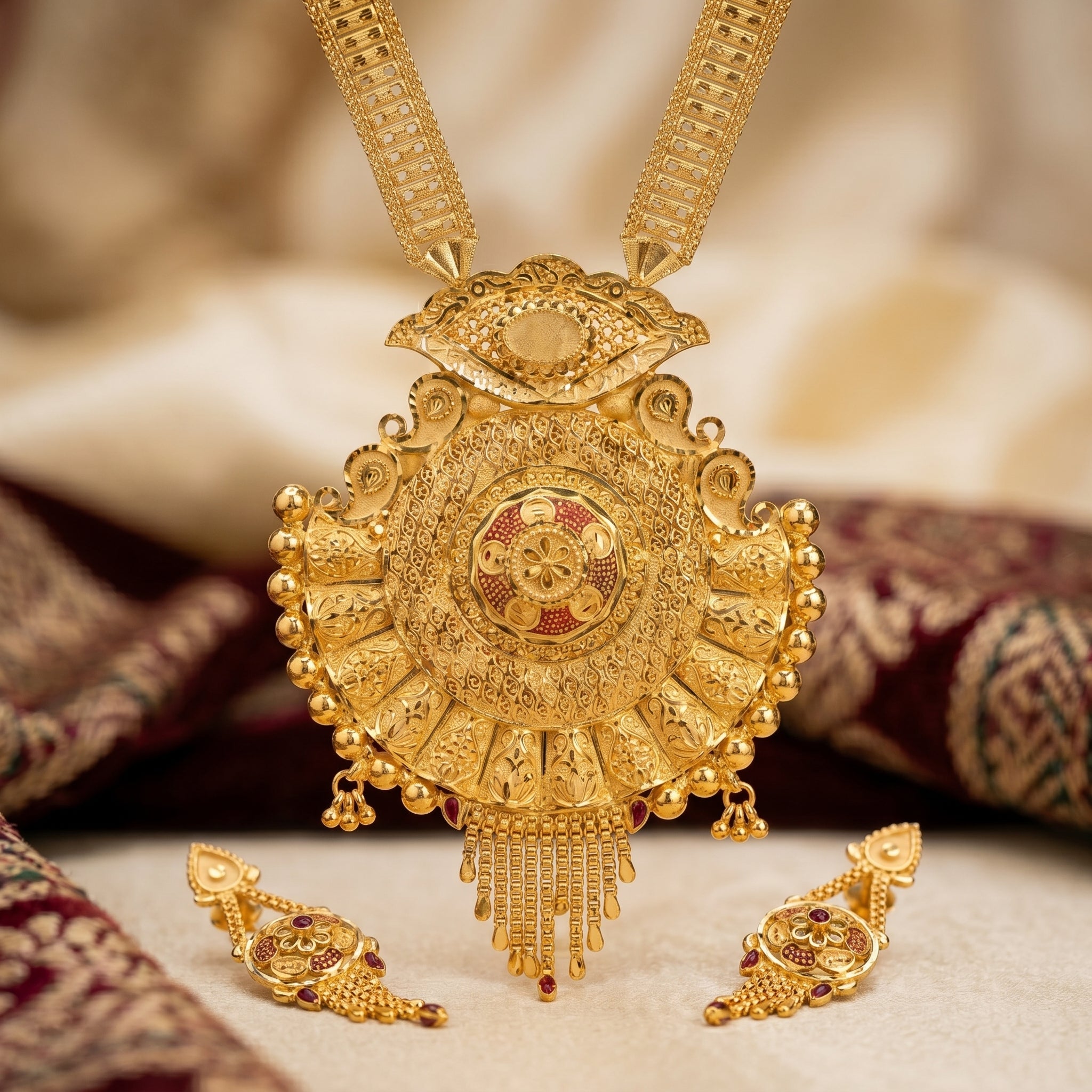 Gold Wheel Disc Tassel Necklace Set