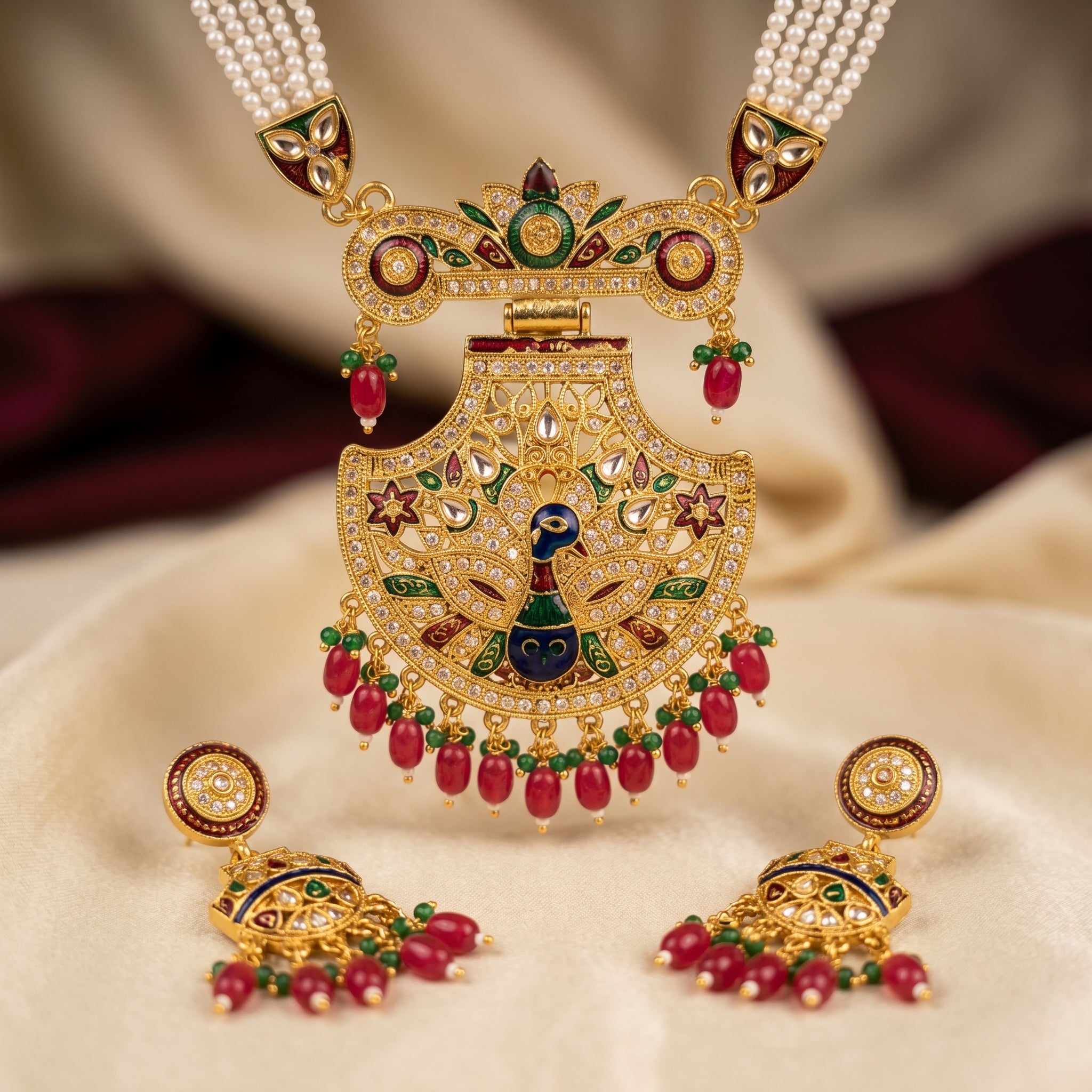 Kundan Meenakari Peacock Pendant Set