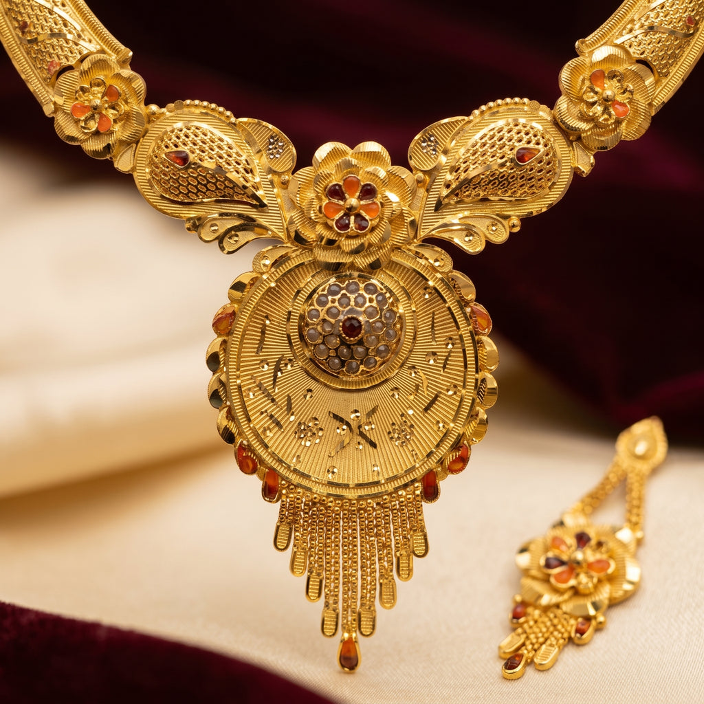 Gold Meenakari Floral Kadas Disc Tassel Necklace Set