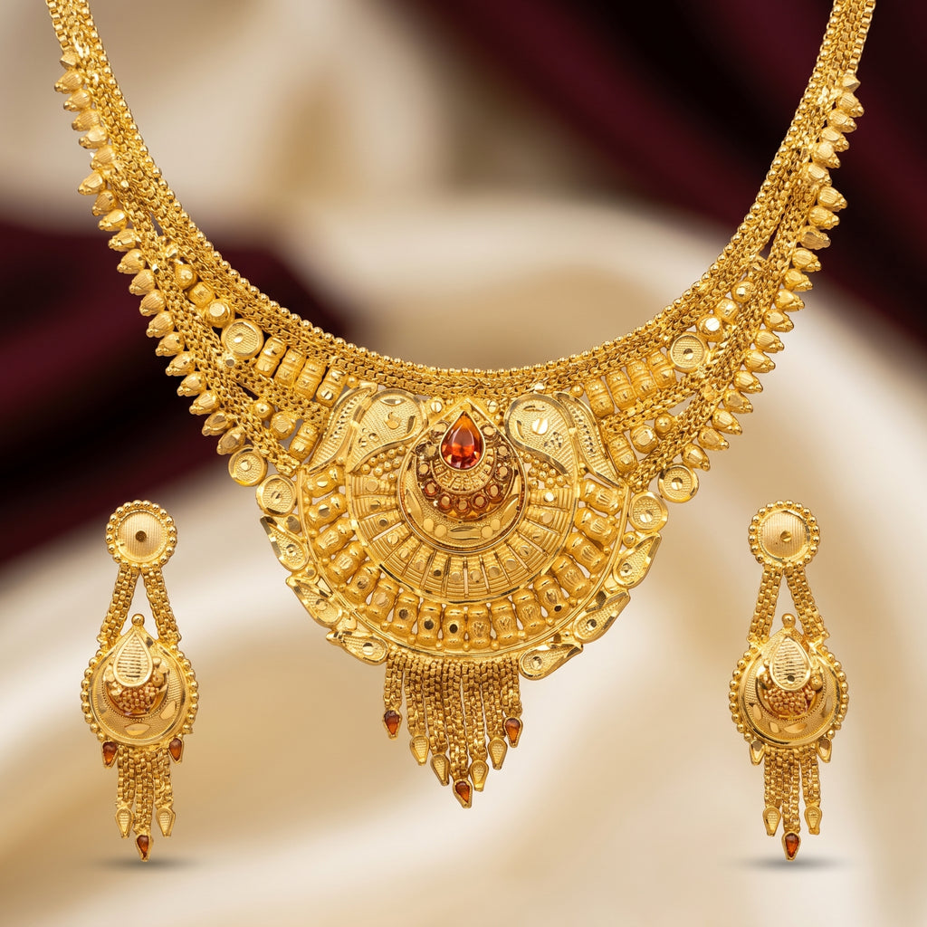 Gold Ruby Sunburst Collar Tassel Necklace Set