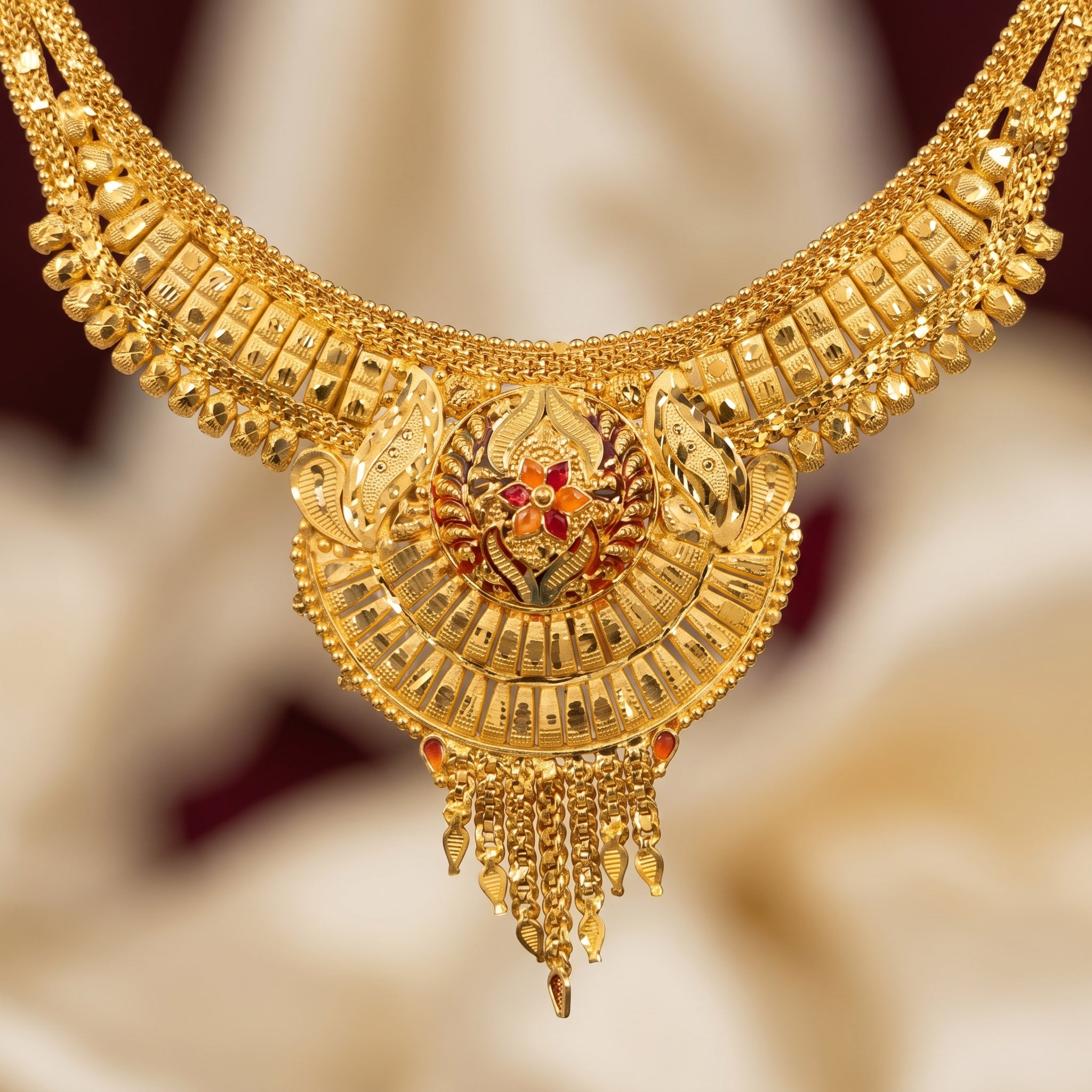 Gold Meenakari Peacock Sunburst Tassel Necklace Set