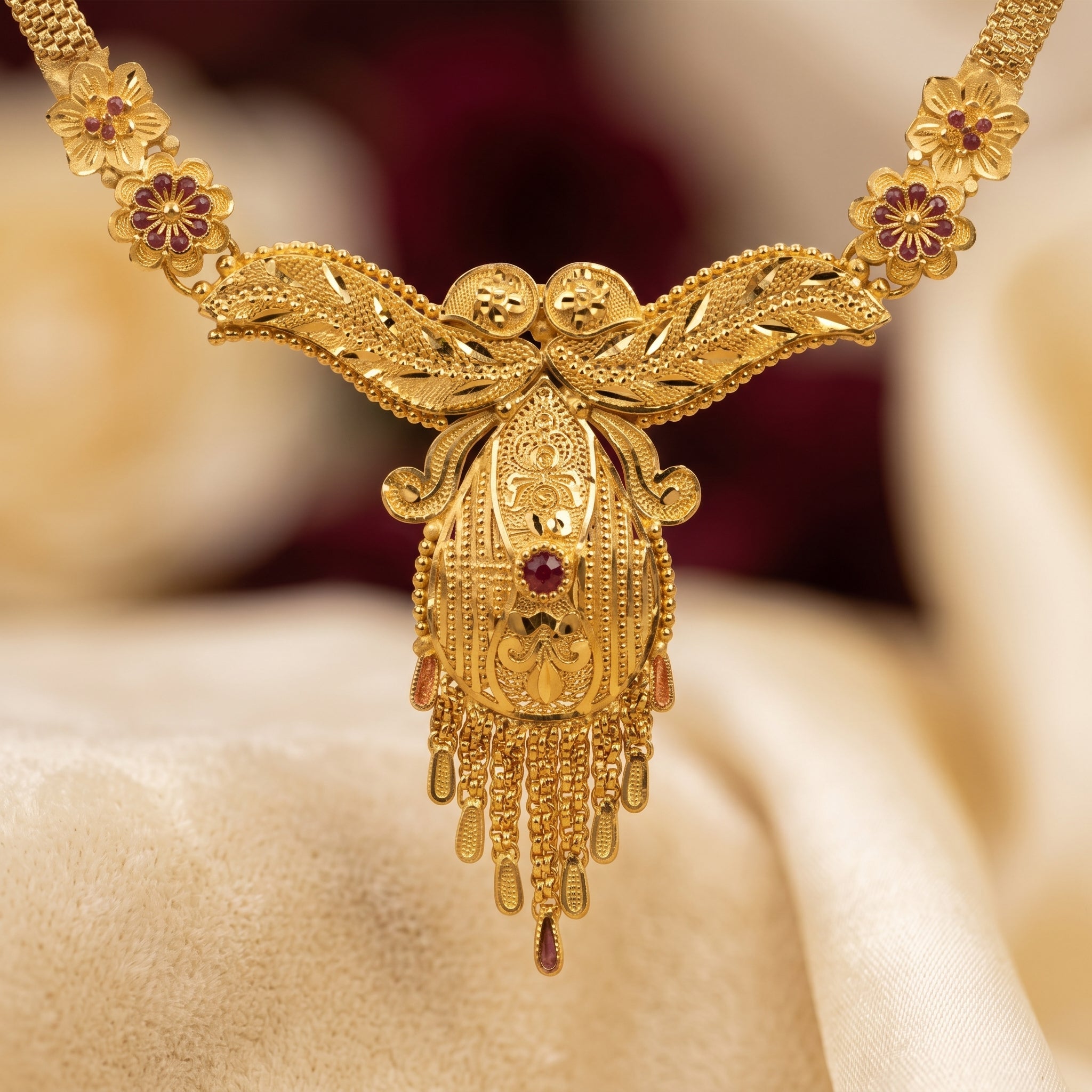 Gold Ruby Filigree Oval Tassel Necklace Set