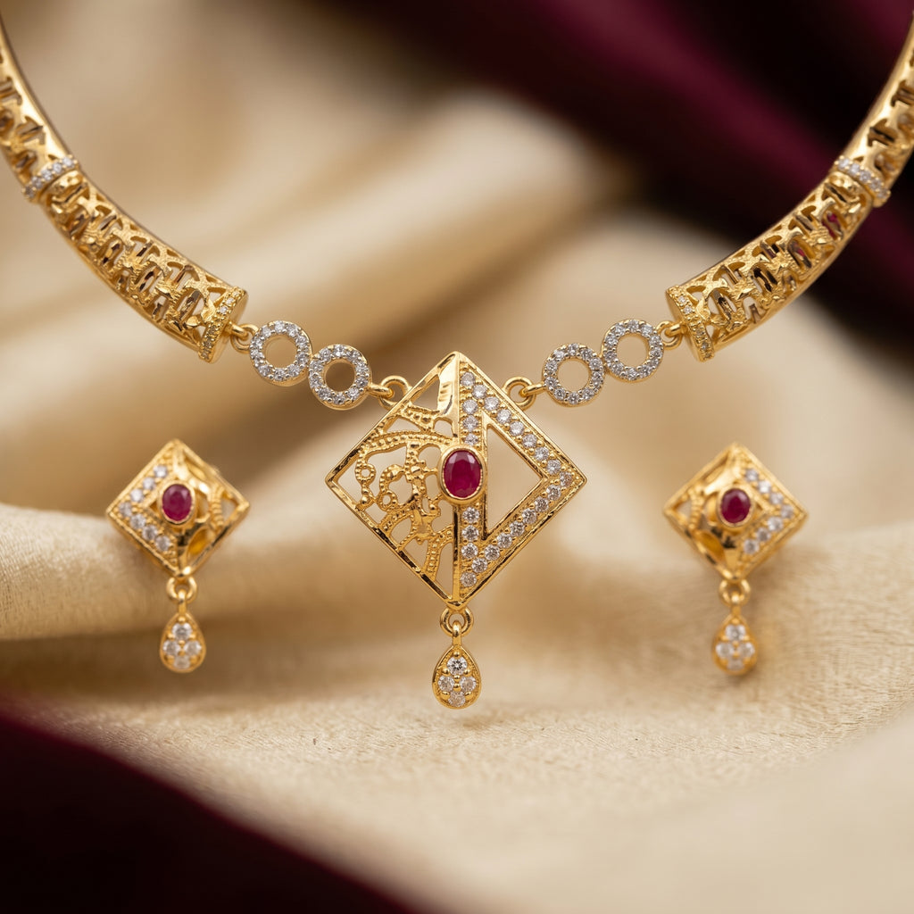 Gold Ruby CZ Filigree Diamond Pendant Necklace Set