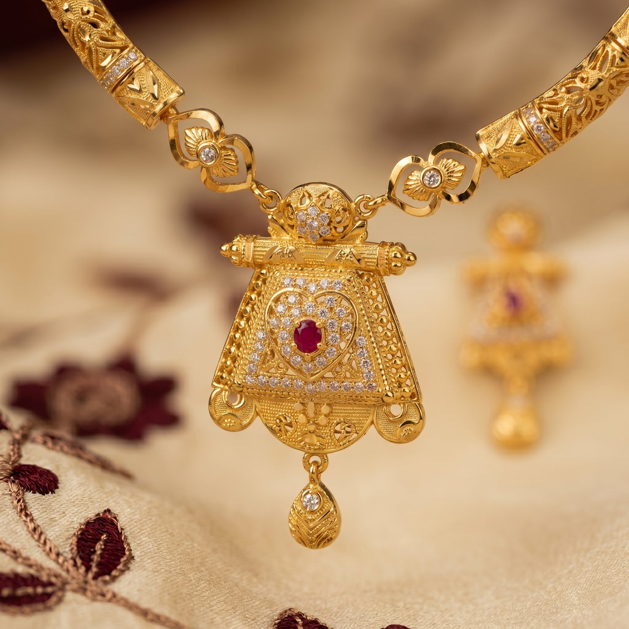 Gold Ruby CZ Filigree Temple Pendant Necklace Set