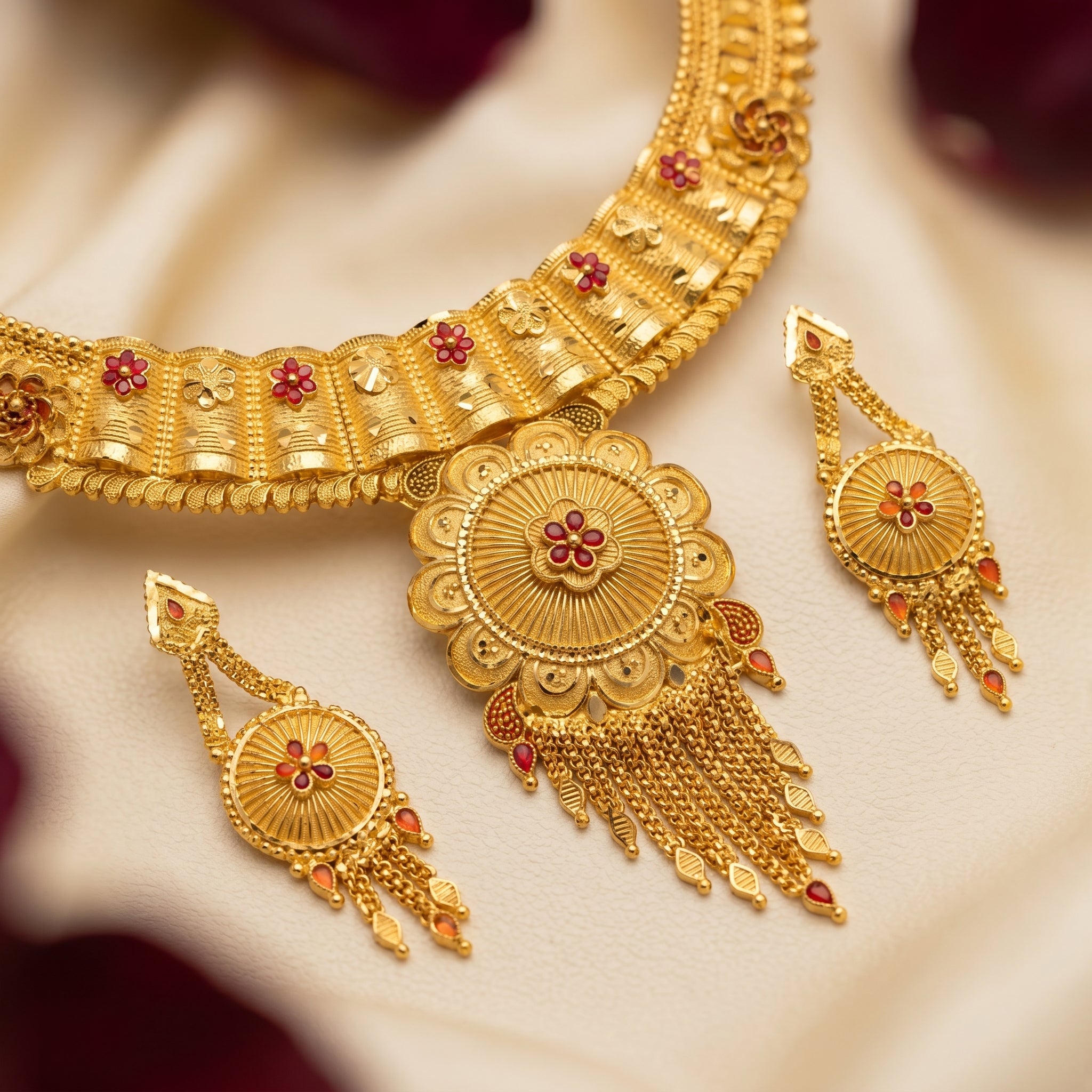 Gold Meenakari Sunburst Collar Floral Tassel Necklace Set