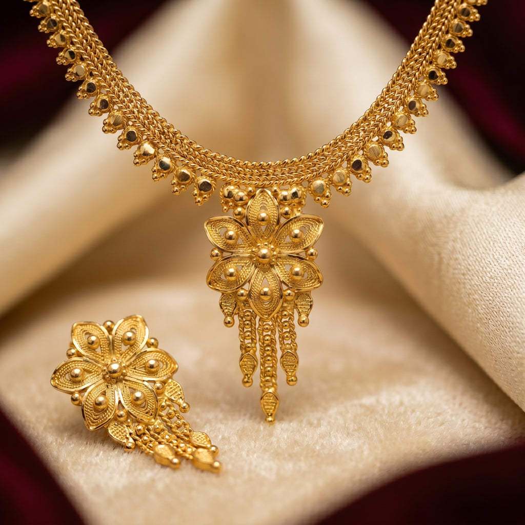 Gold Filigree Floral Fringe Necklace Set