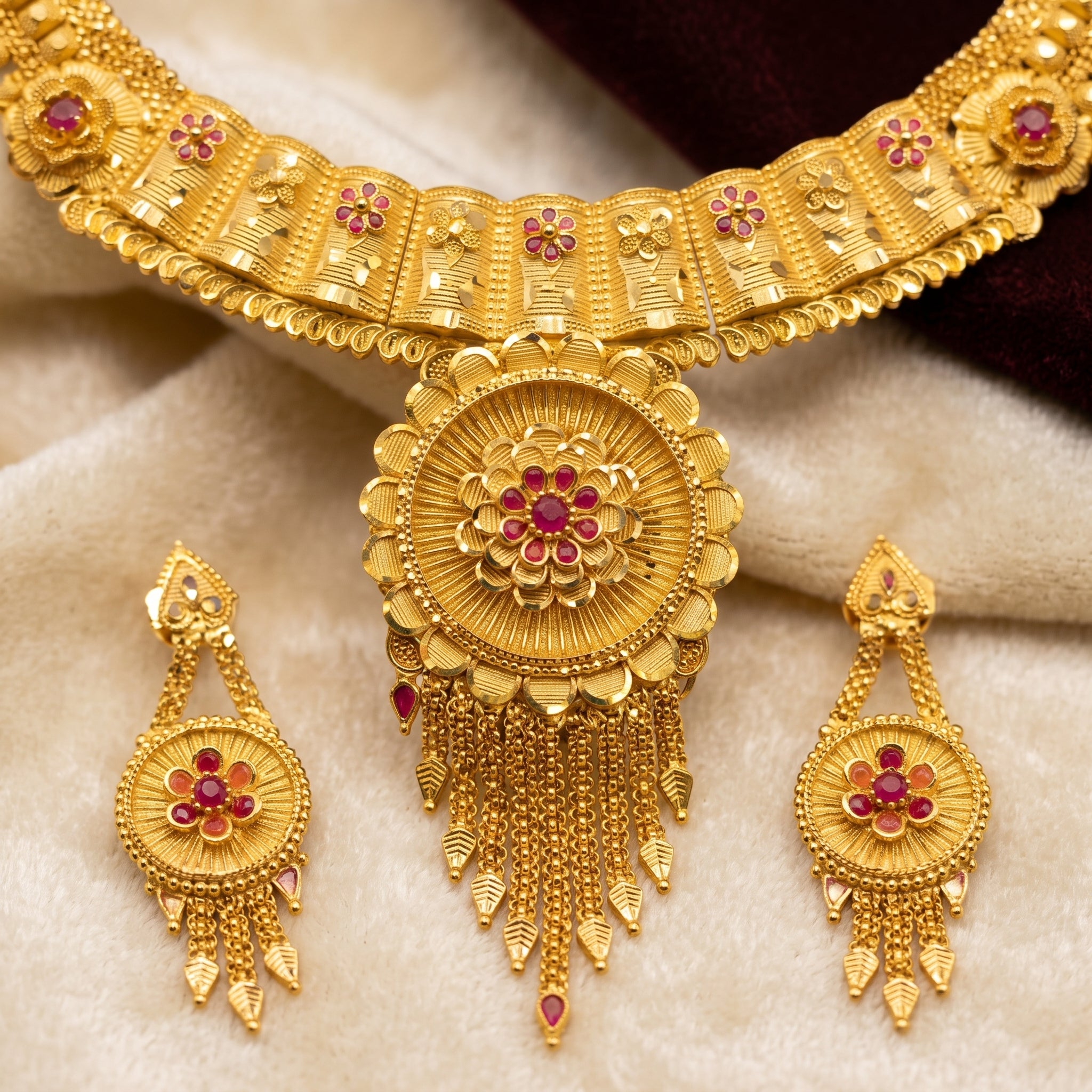 Gold Ruby Floral Disc Tassel Necklace Set