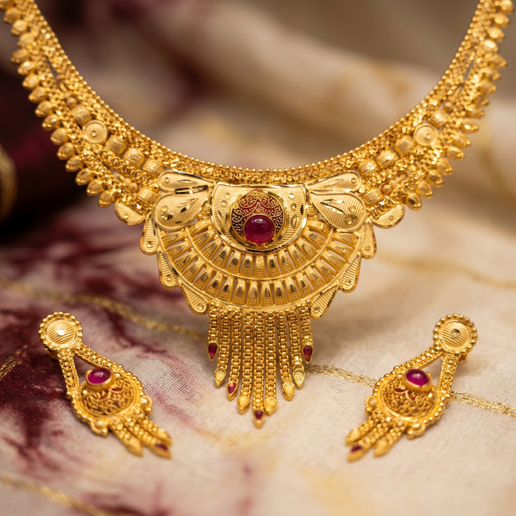 Gold Ruby Fan Tassel Dori Necklace Set