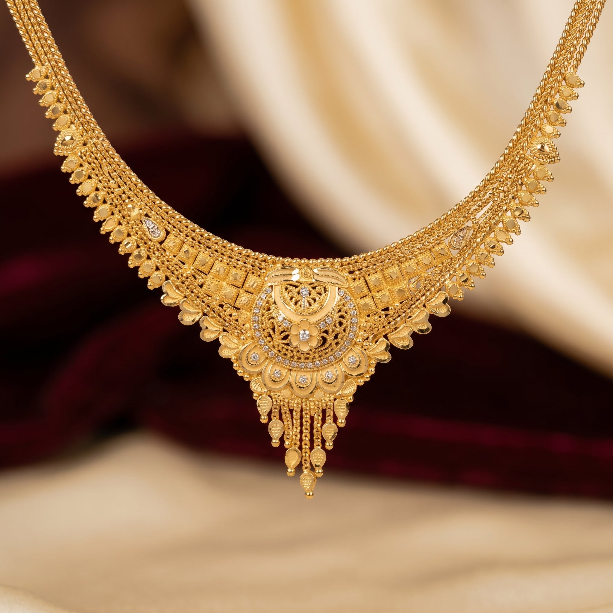 Gold Filigree Lotus Spike Tassel Necklace Set
