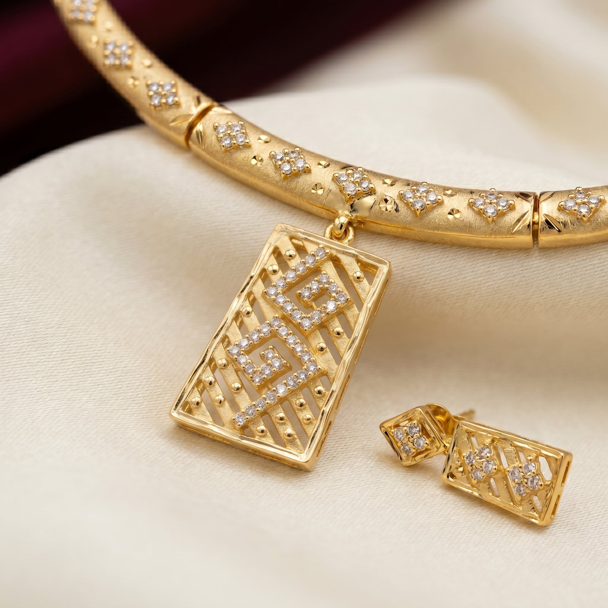 Gold CZ Geometric Lattice Hasli Necklace Set