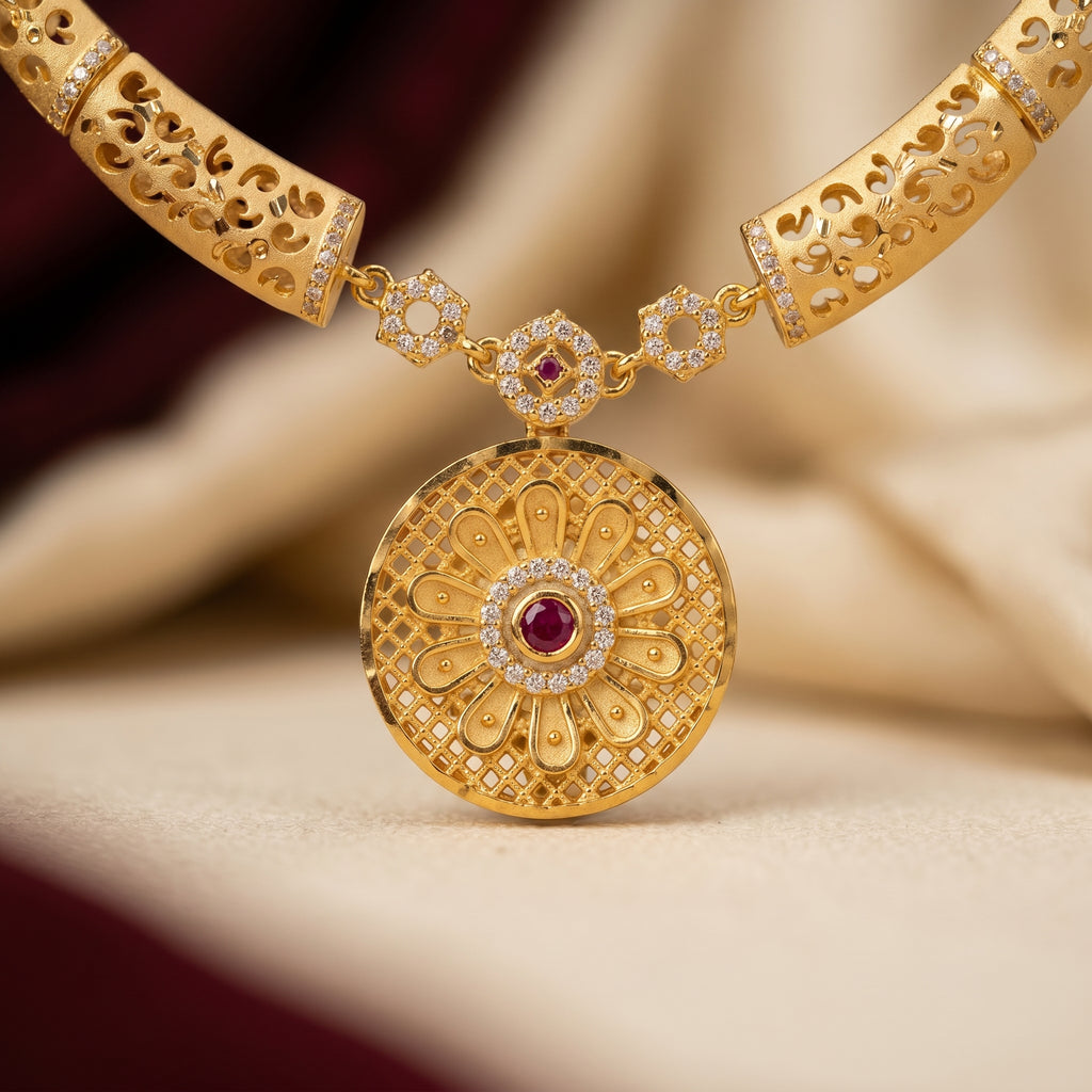 Gold Ruby CZ Filigree Scroll Hasli Disc Necklace Set