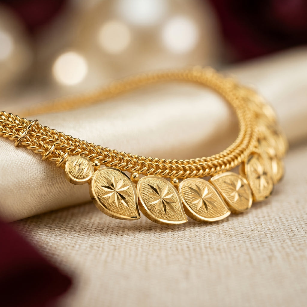 Gold Engraved Oval Bead Chain Necklace Set