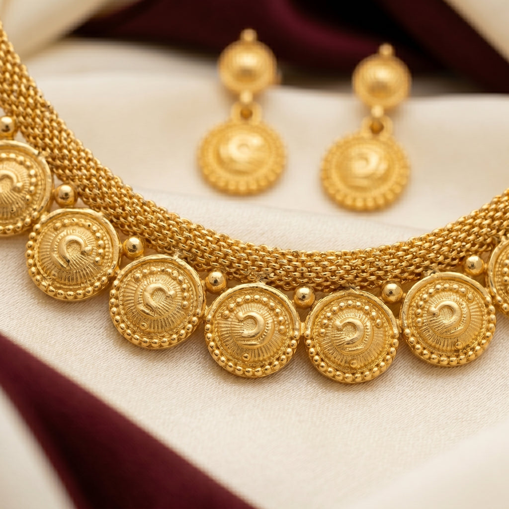 Gold Spiral Coin Disc Mesh Chain Necklace Set