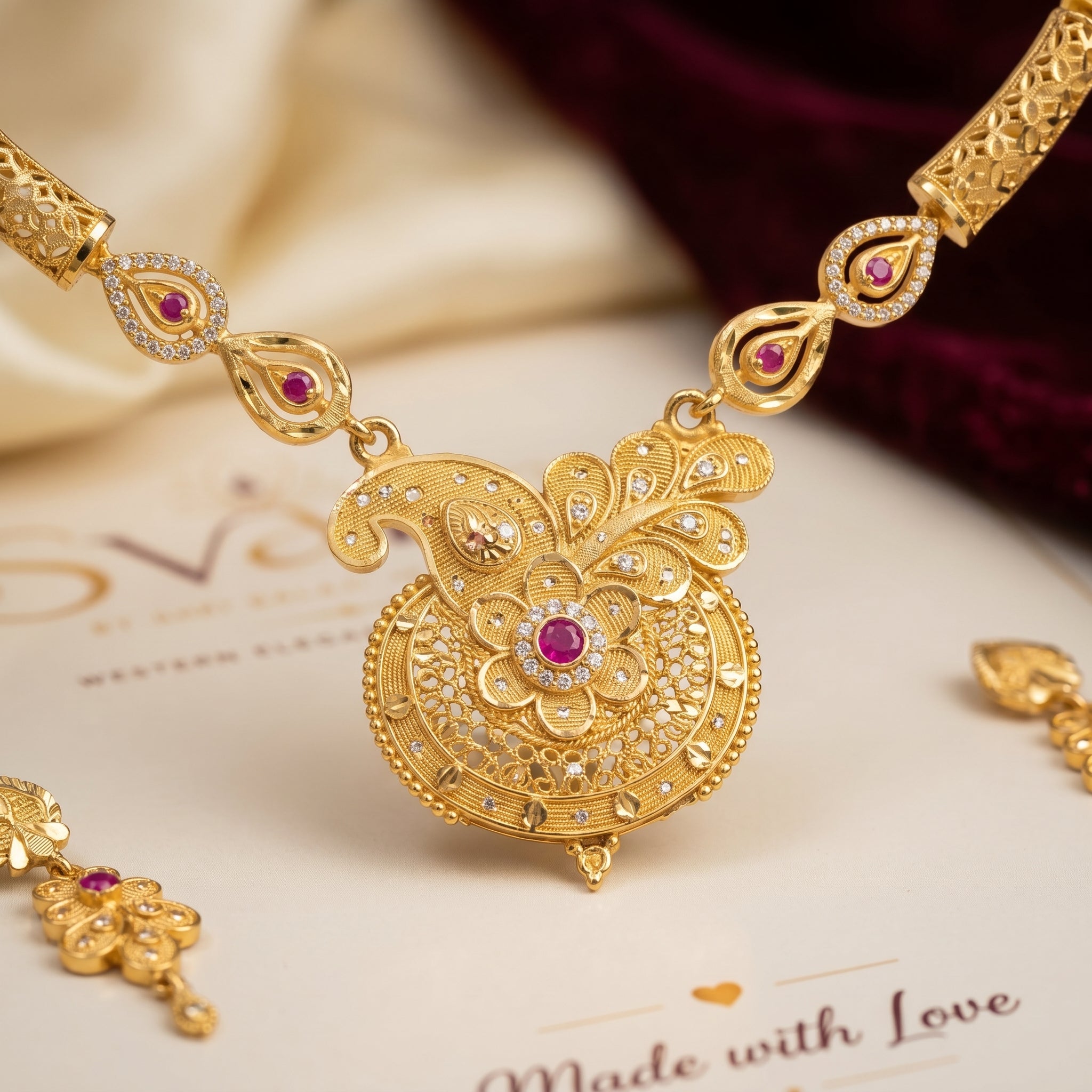 Gold Ruby CZ Peacock Filigree Disc Necklace Set