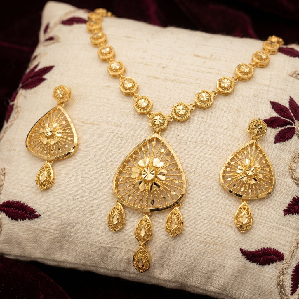 Gold Diamond-Cut Octagon Filigree Teardrop Necklace Set