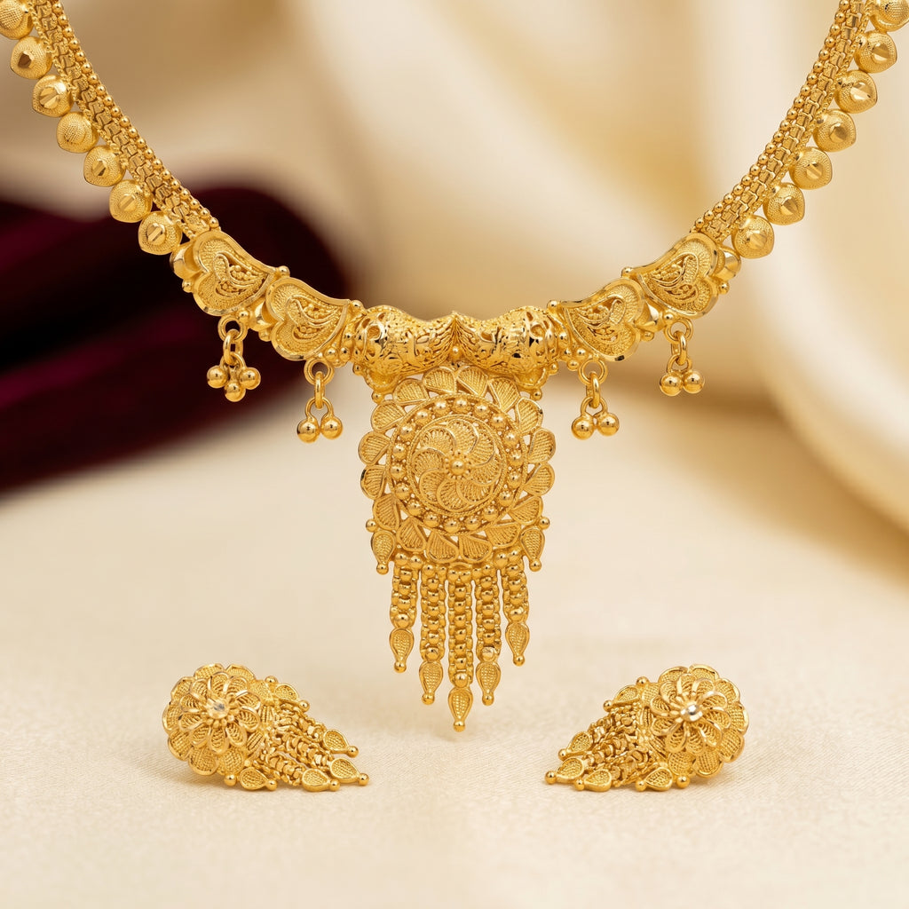 Gold Filigree Spiral Medallion Bead Drop Necklace Set