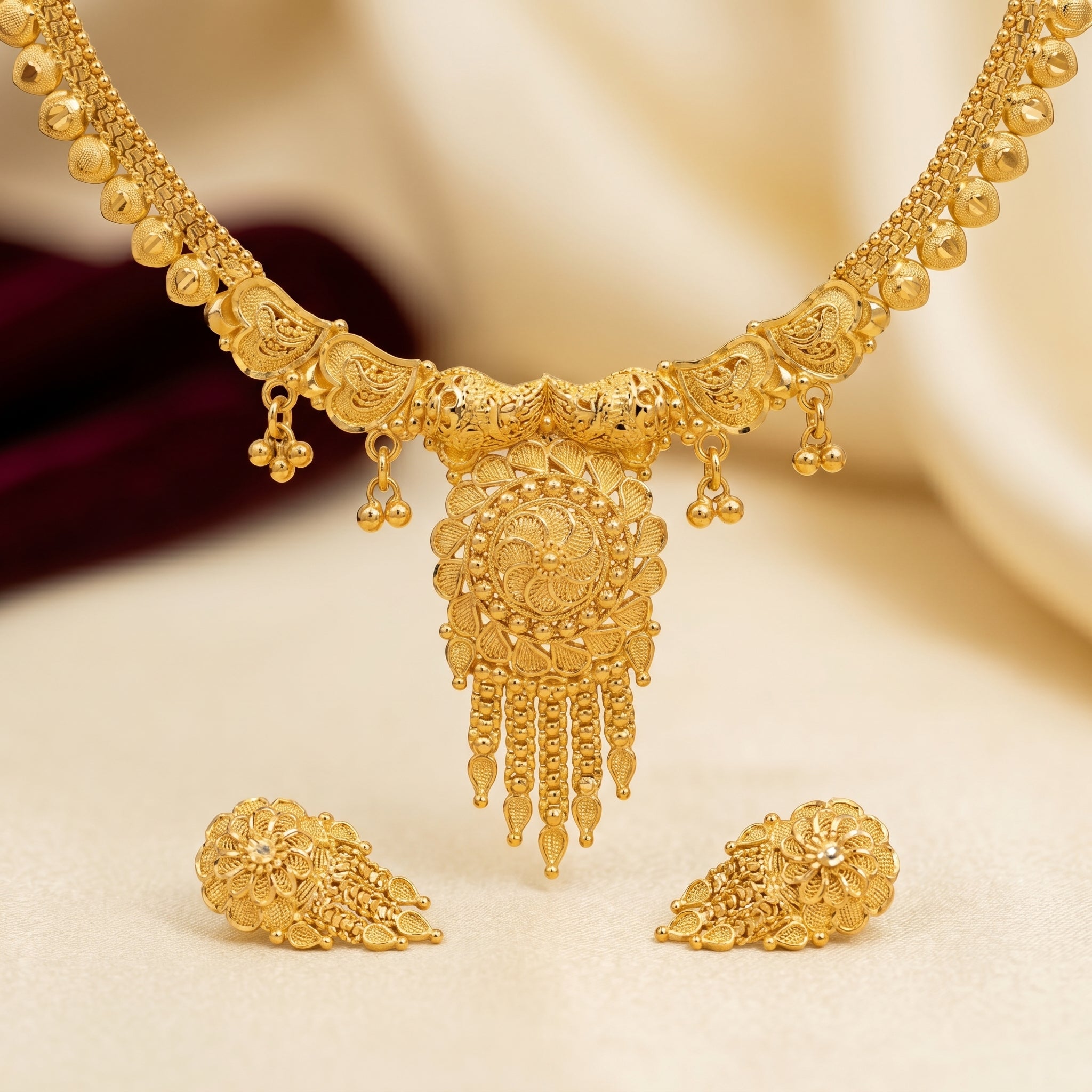 Gold Filigree Spiral Medallion Bead Drop Necklace Set