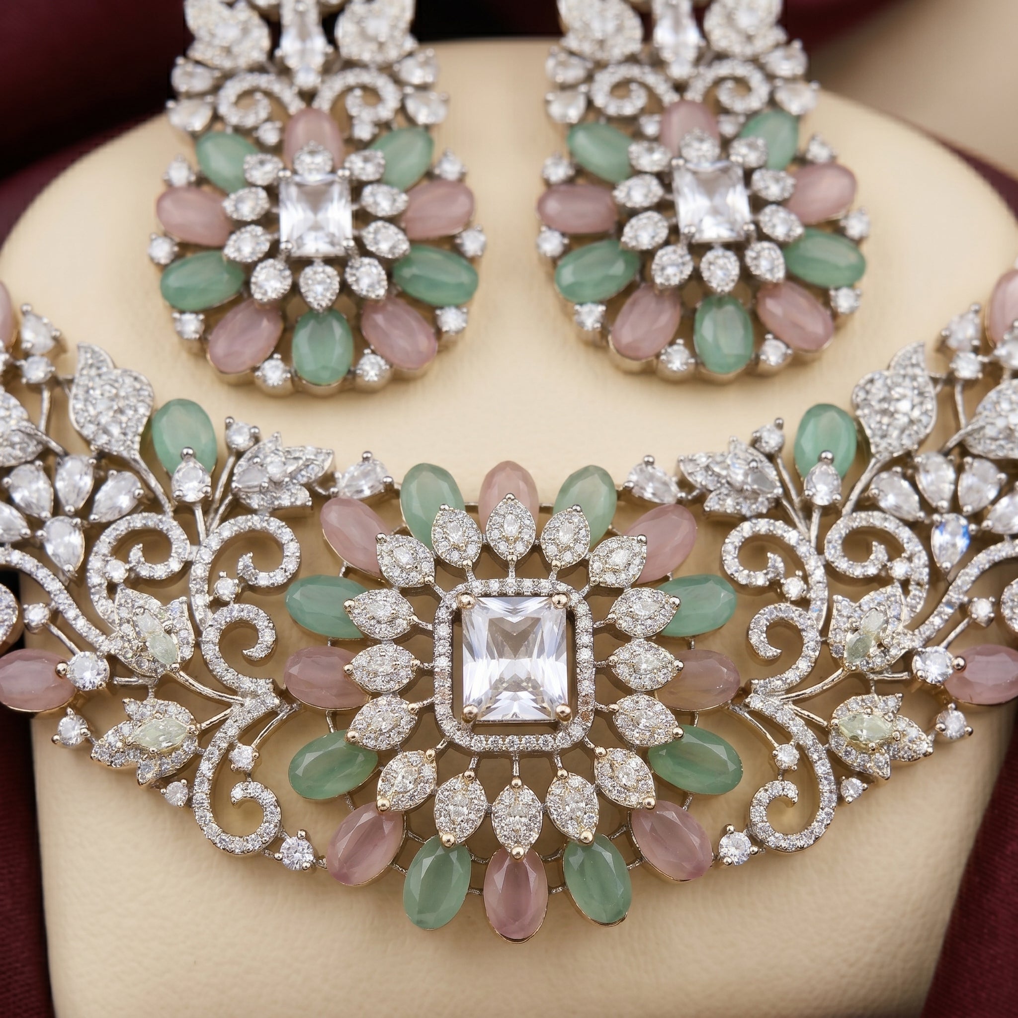 Victorian Oxidized Silver Floral Bib Necklace Set
