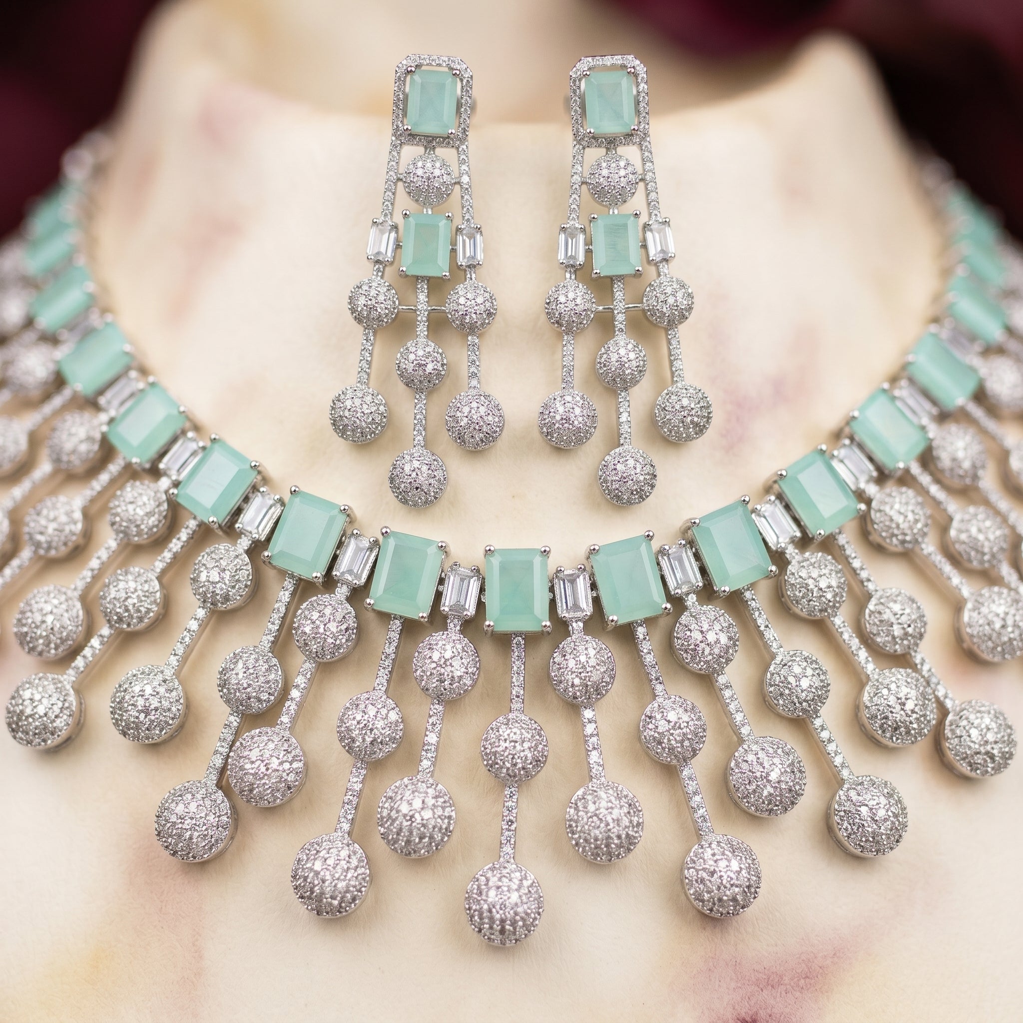 Mint Baguette Waterfall Fringe Necklace Set