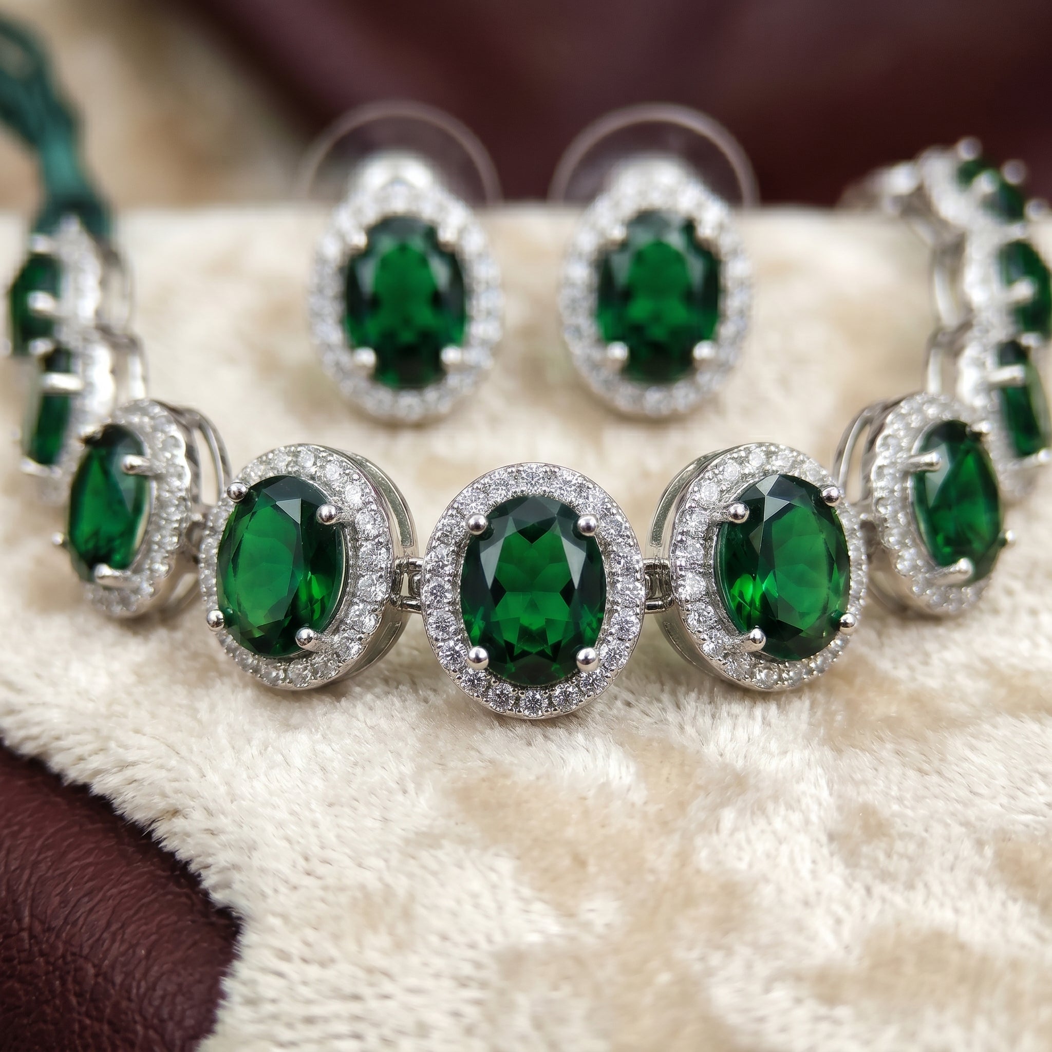 Emerald Halo Oval Tennis Necklace Set