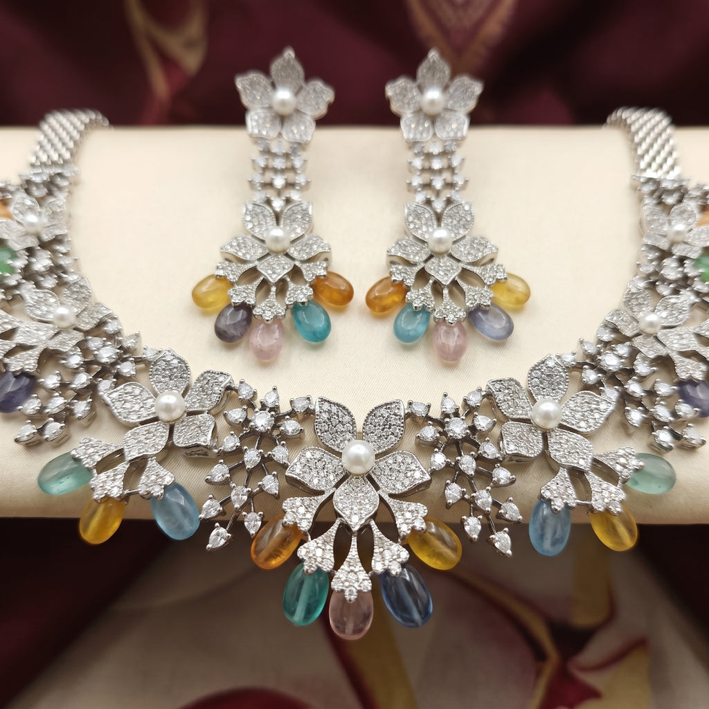 Multicolor Gemstone Floral Cascade Necklace Set