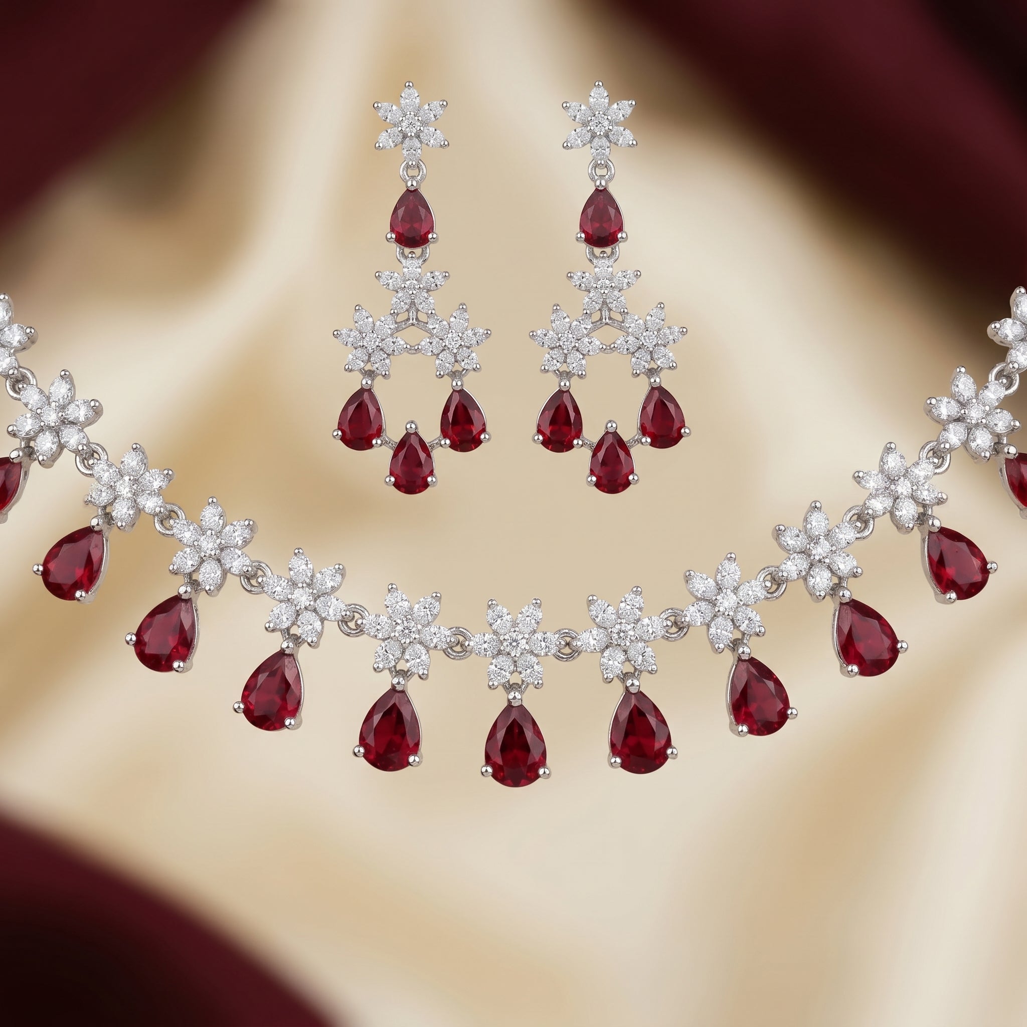 Ruby Drop Floral Fringe Necklace Set