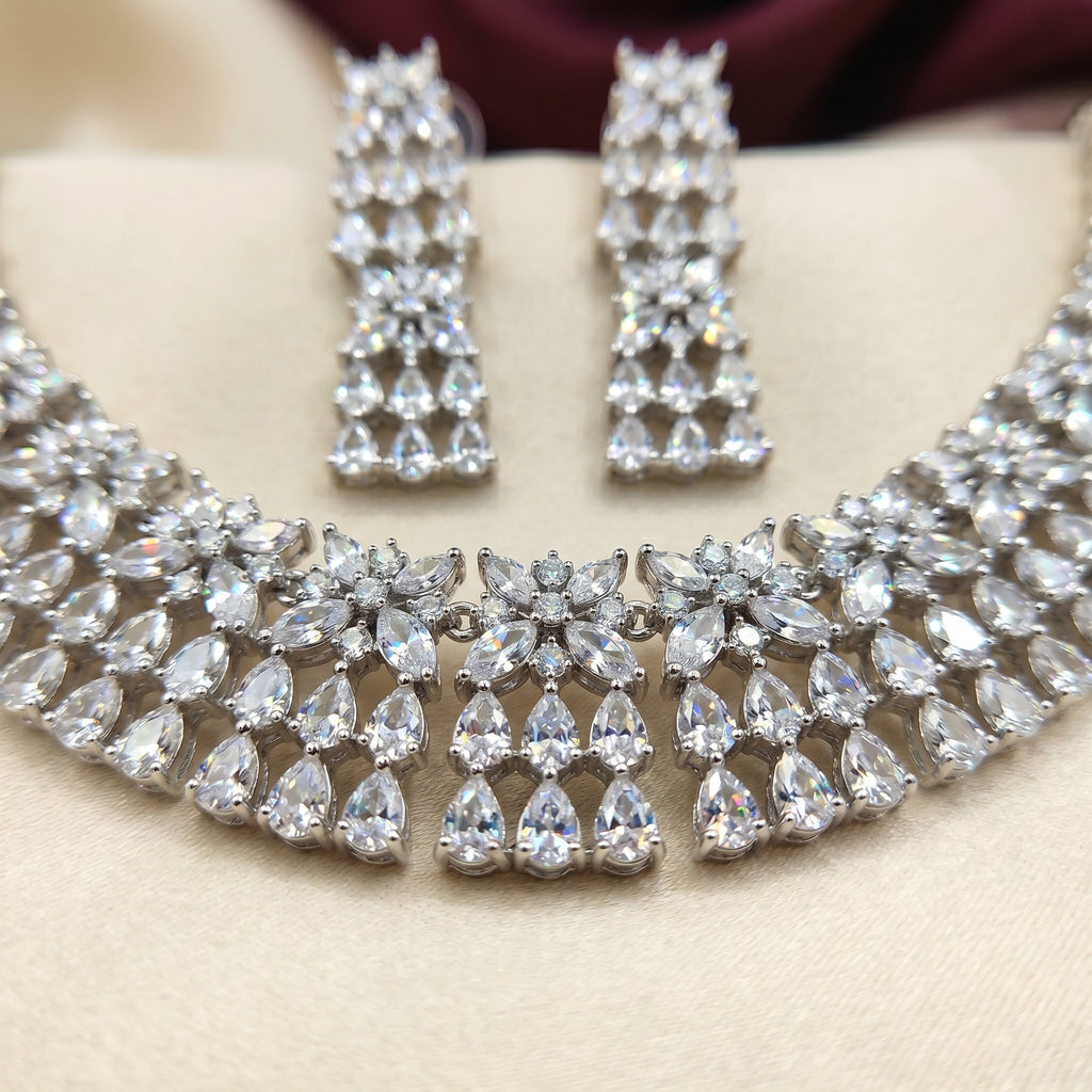 Floral Cluster Diamond-Look Bib Necklace Set